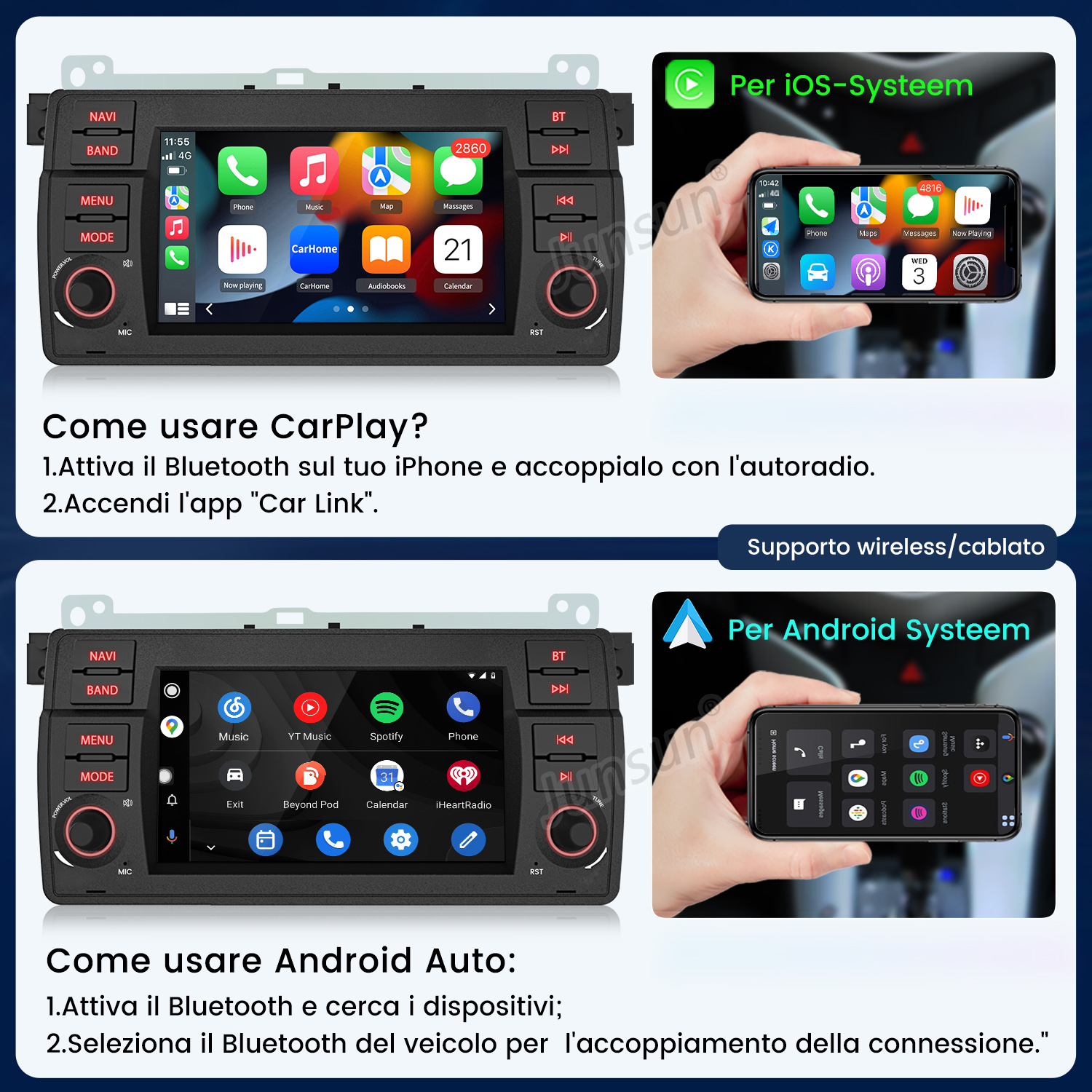 Viene mostrata un'autoradio con CarPlay e un iPhone.