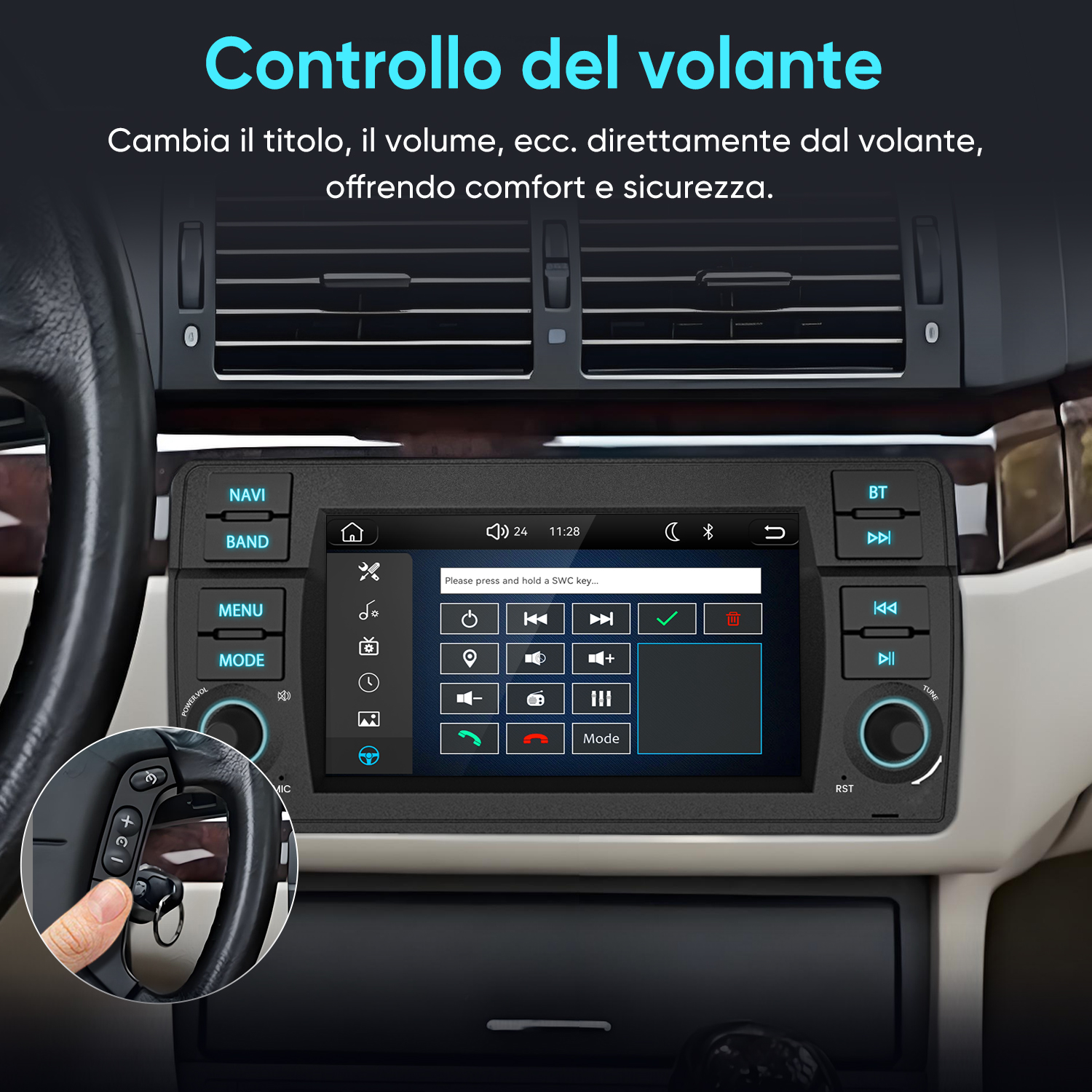 Sistema di infotainment per auto con touchscreen e comandi al volante.