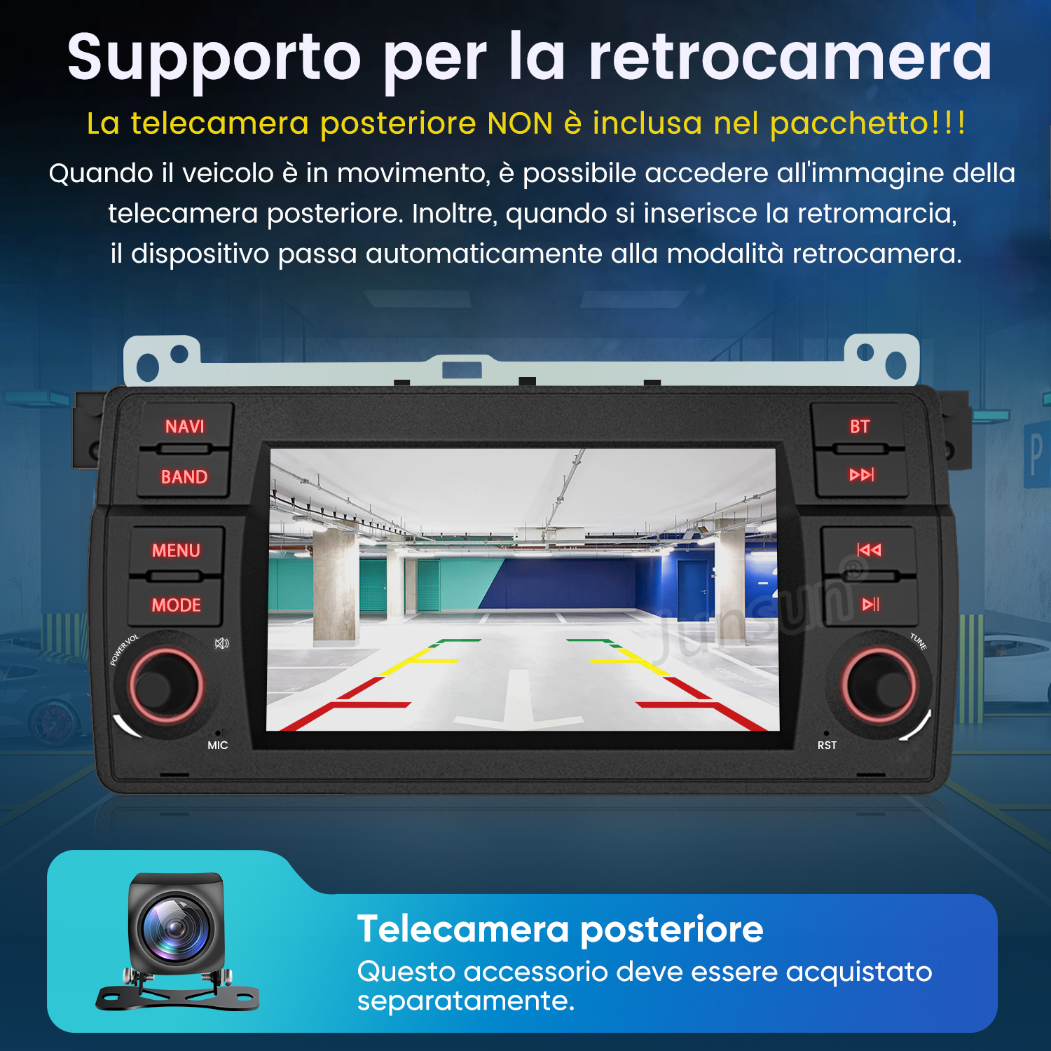 Display autoradio mostra vista retrocamera con linee di parcheggio e retrocamera separata.