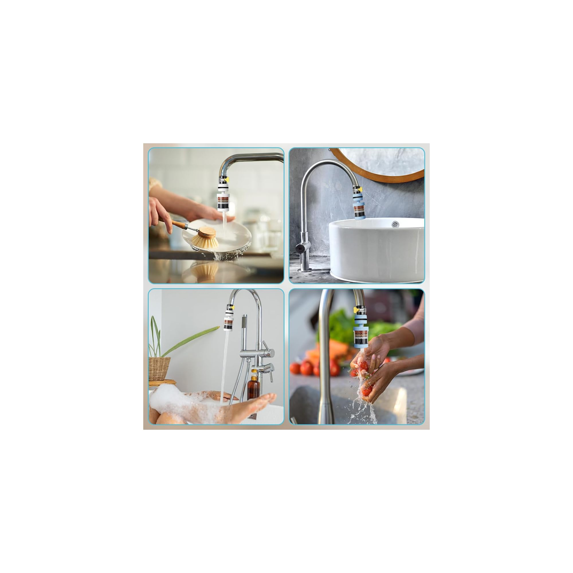 Vier Szenen zeigen Wasserhähne mit Filtern: Geschirrwaschen, Waschbeckenfüllung, Händewaschen, Obstwaschen.