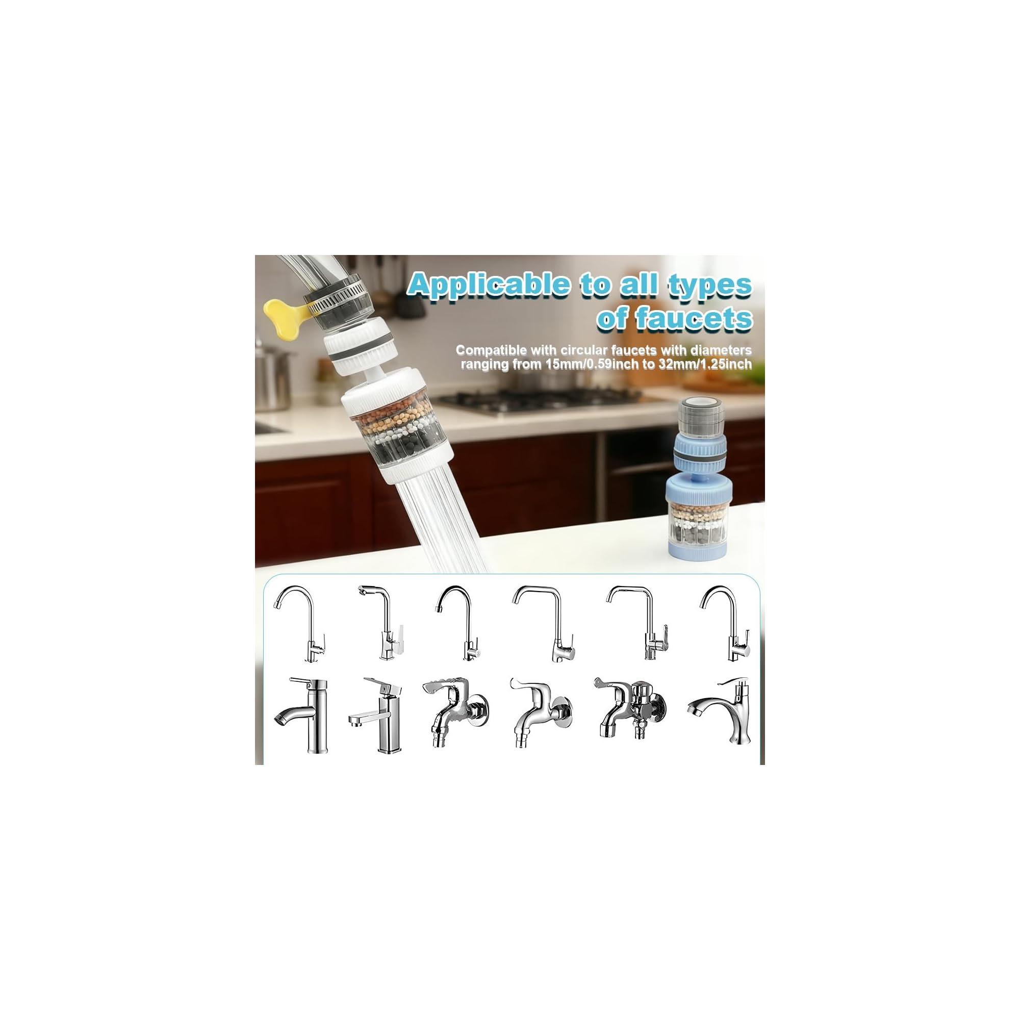 Wasserhahn-Wasserfilteraufsatz und verschiedene Wasserhahnstile.