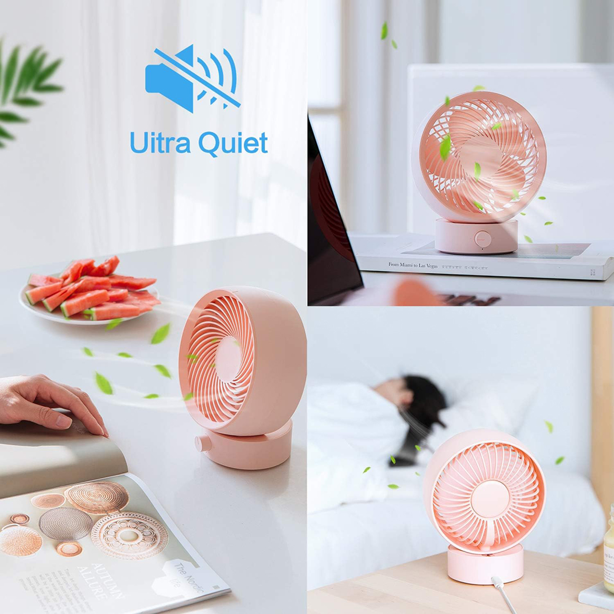 Ein rosa Ventilator steht neben Wassermelonenscheiben, einem Buch und einem Bett.