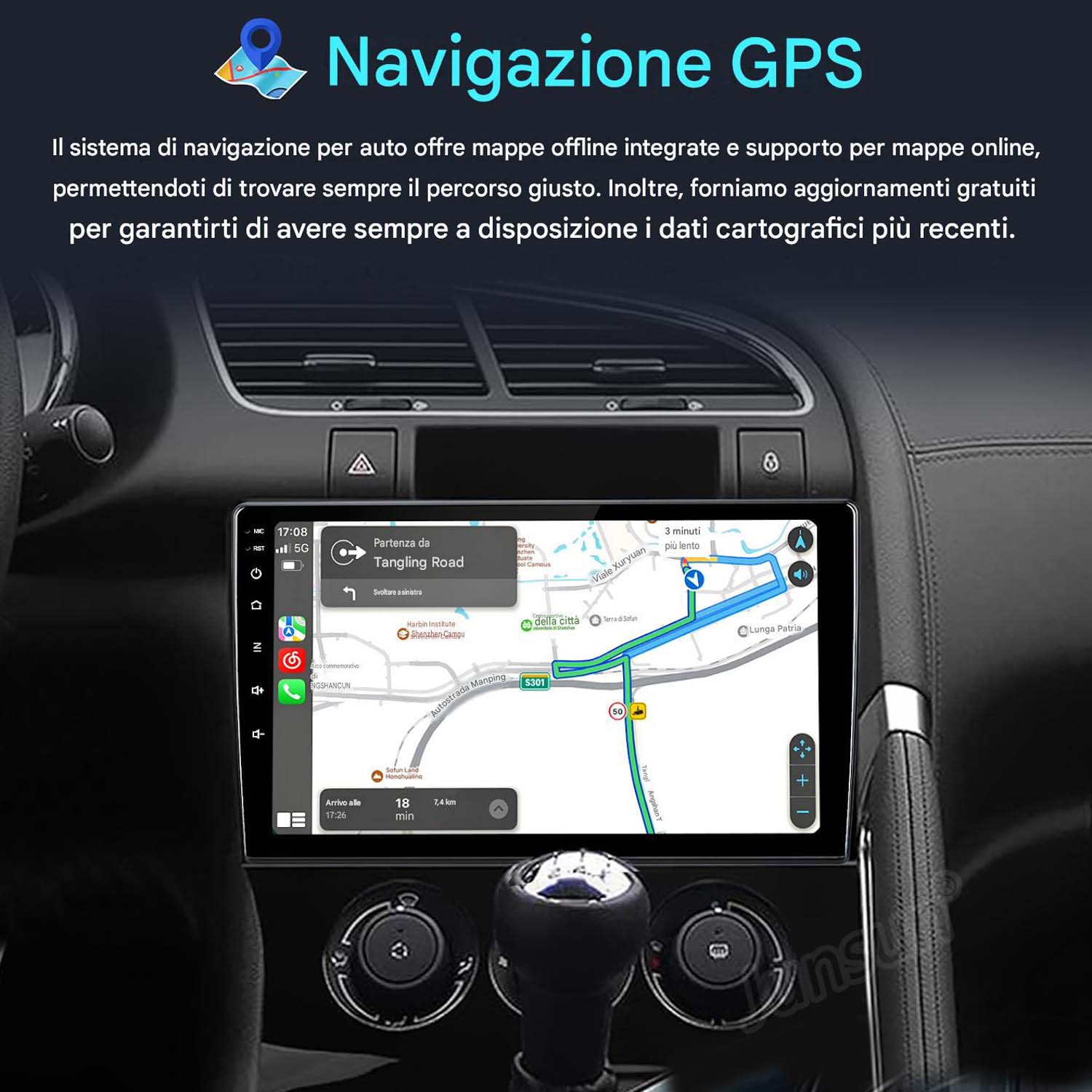 Cruscotto auto con navigazione GPS, mappa stradale e percorso.