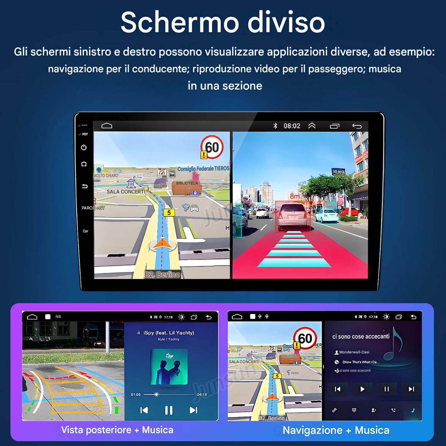 Schermo diviso mostra navigazione e riproduzione musicale.