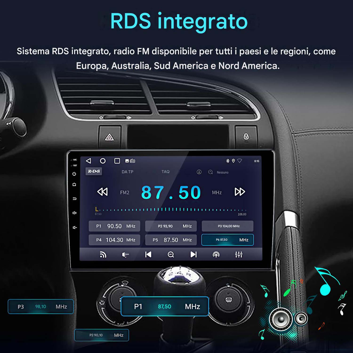 Schermo autoradio con info RDS e stazioni FM.