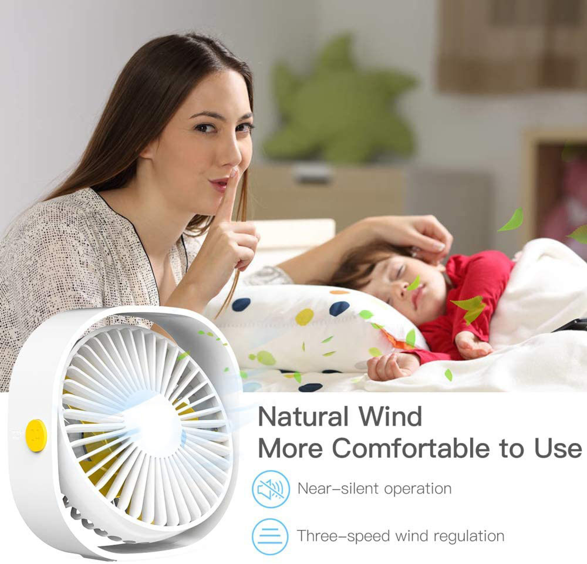 Frau macht Stillsignal neben schlafendem Kind, Ventilator.