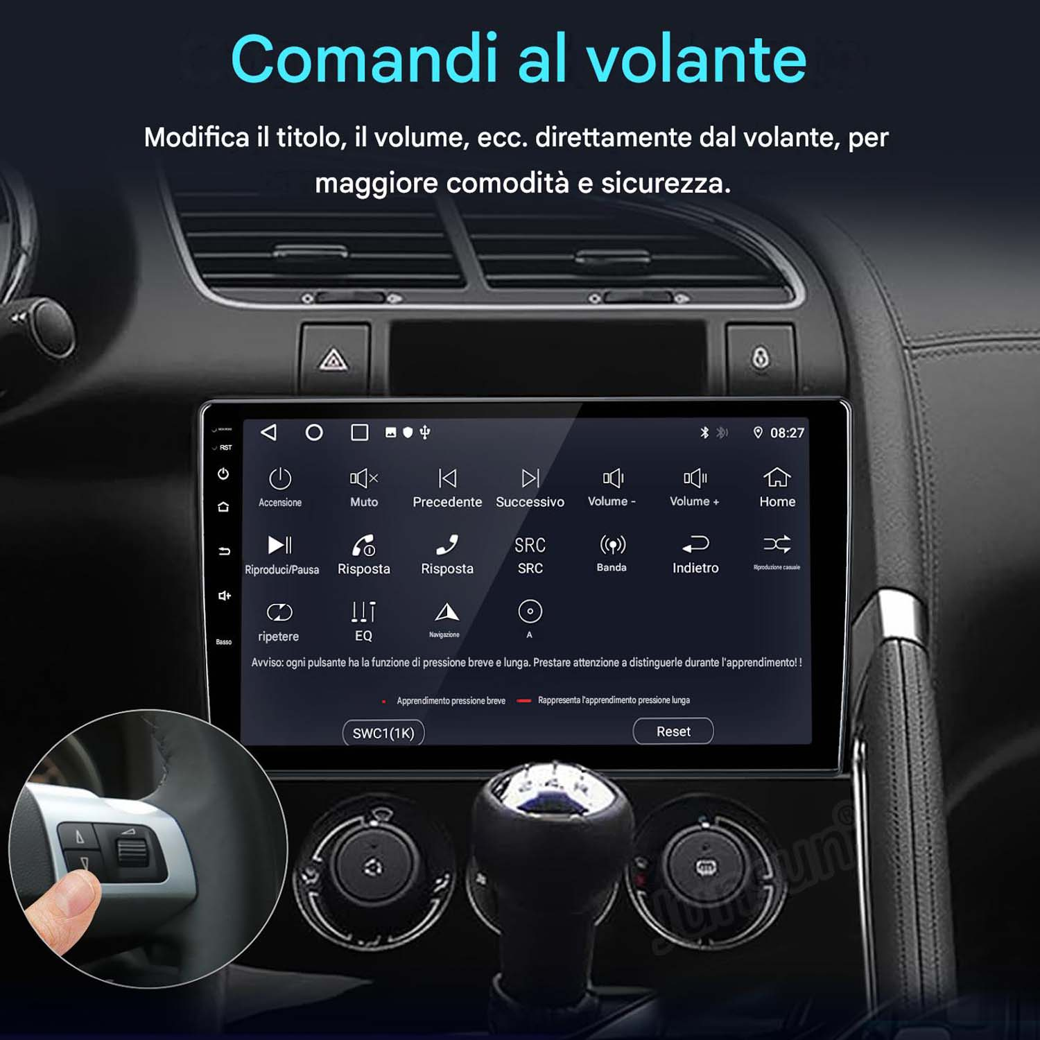Un sistema di infotainment per auto con touchscreen mostra le opzioni di controllo del volante.