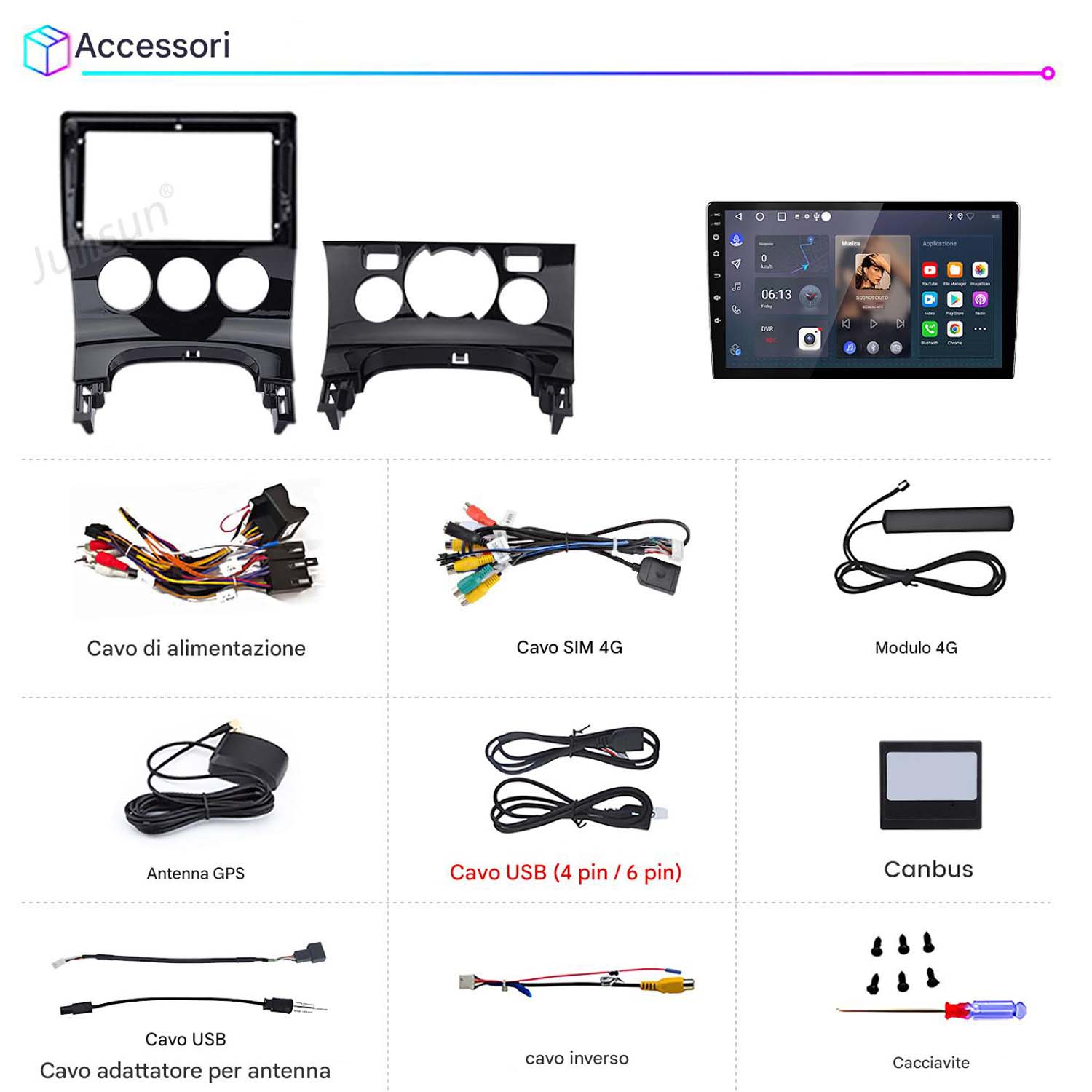 Mascherina autoradio, schermo infotainment e vari cavi e accessori.