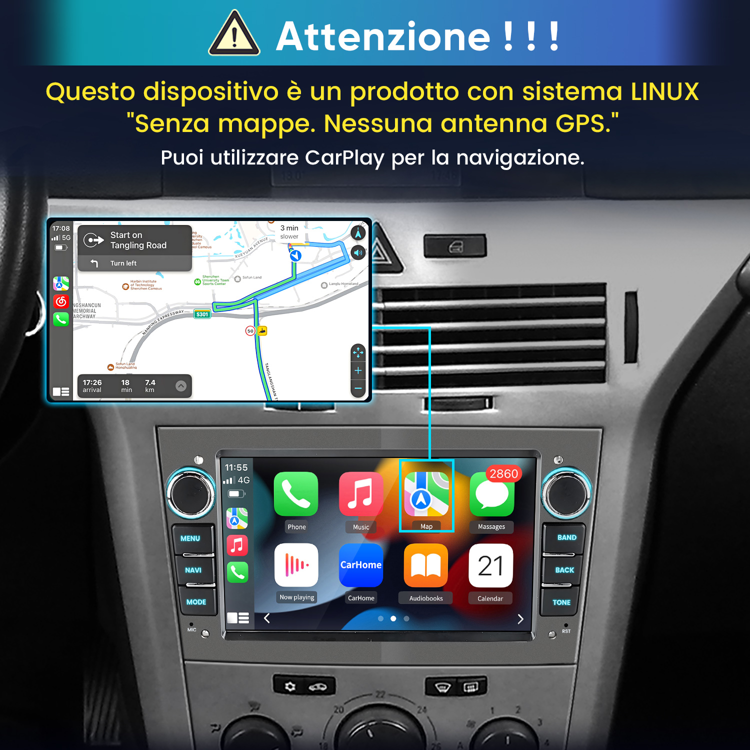 Sistema di infotainment per auto con navigazione CarPlay e icone delle app.