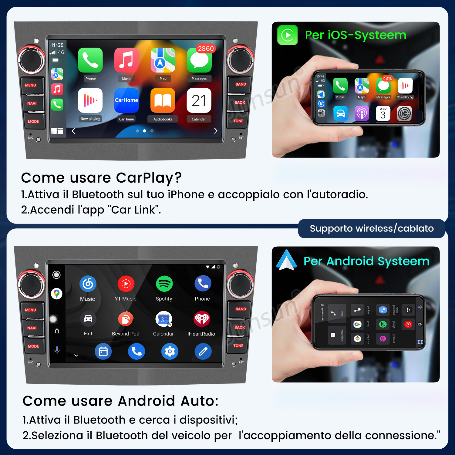 Due sistemi di infotainment per auto: CarPlay con iPhone e Android Auto con telefono Android.