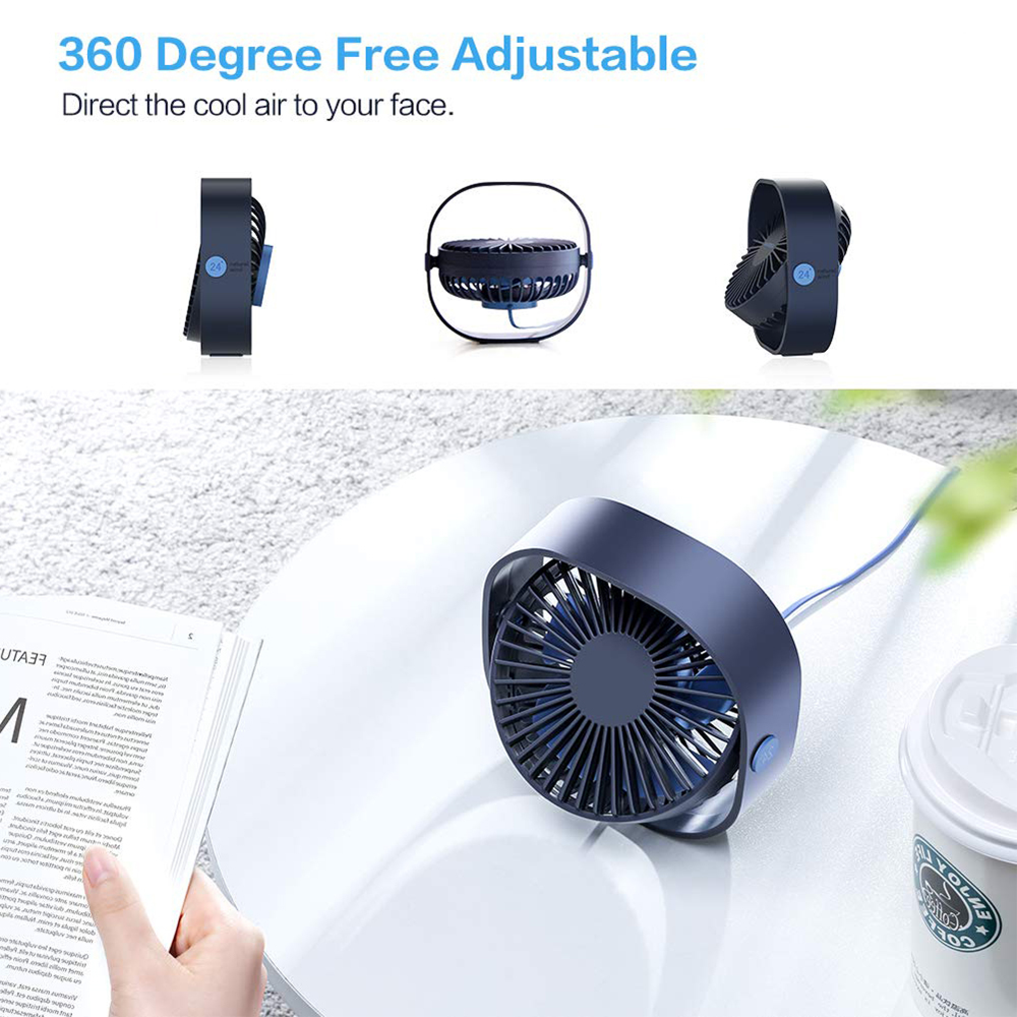 Ein dunkler Ventilator steht neben einer Kaffeetasse auf einem Tisch.
