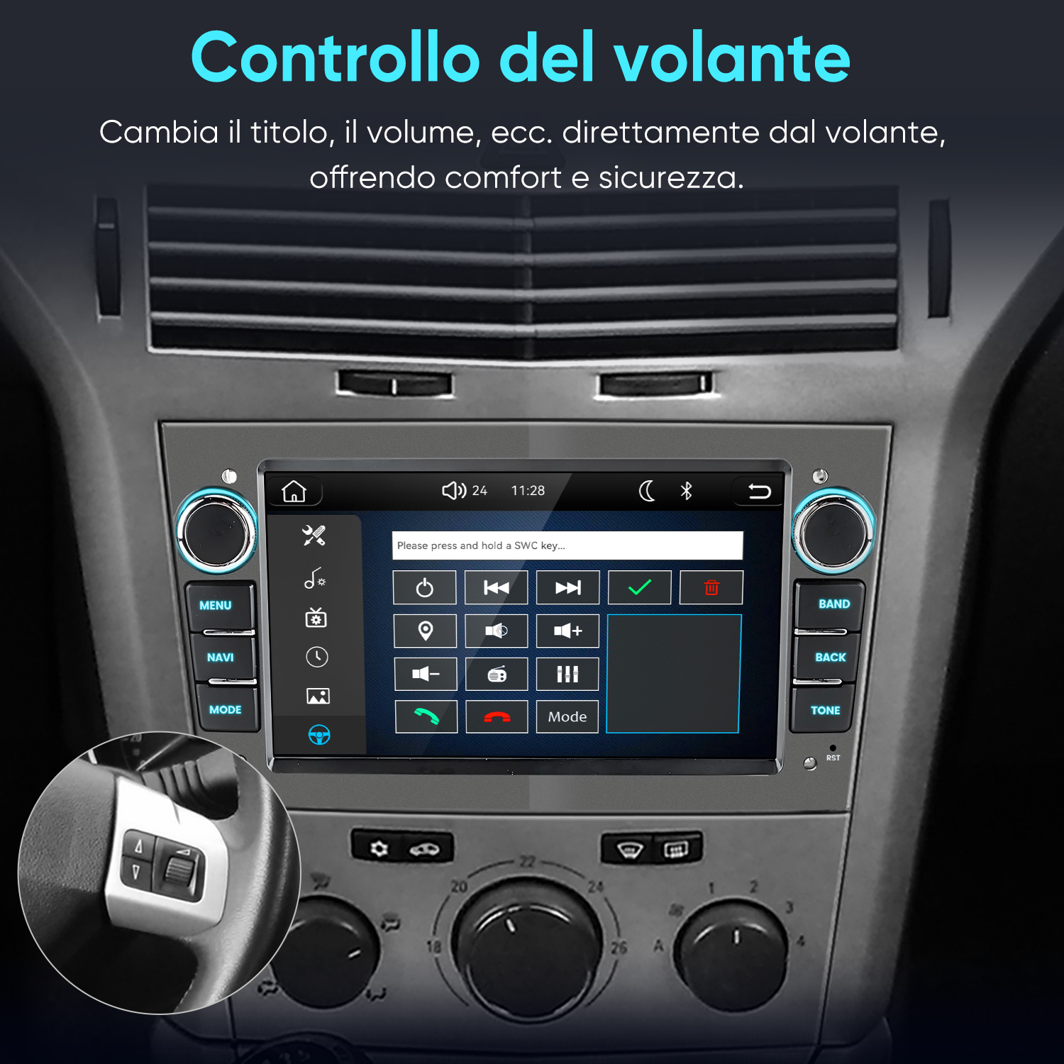 Un touchscreen per autoradio con comandi al volante e pulsanti.