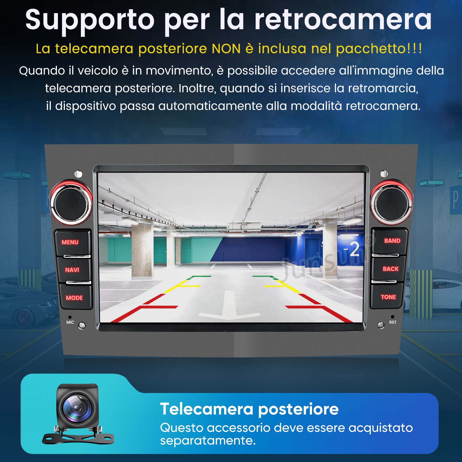 Un autoradio mostra la vista di una telecamera posteriore di un parcheggio.