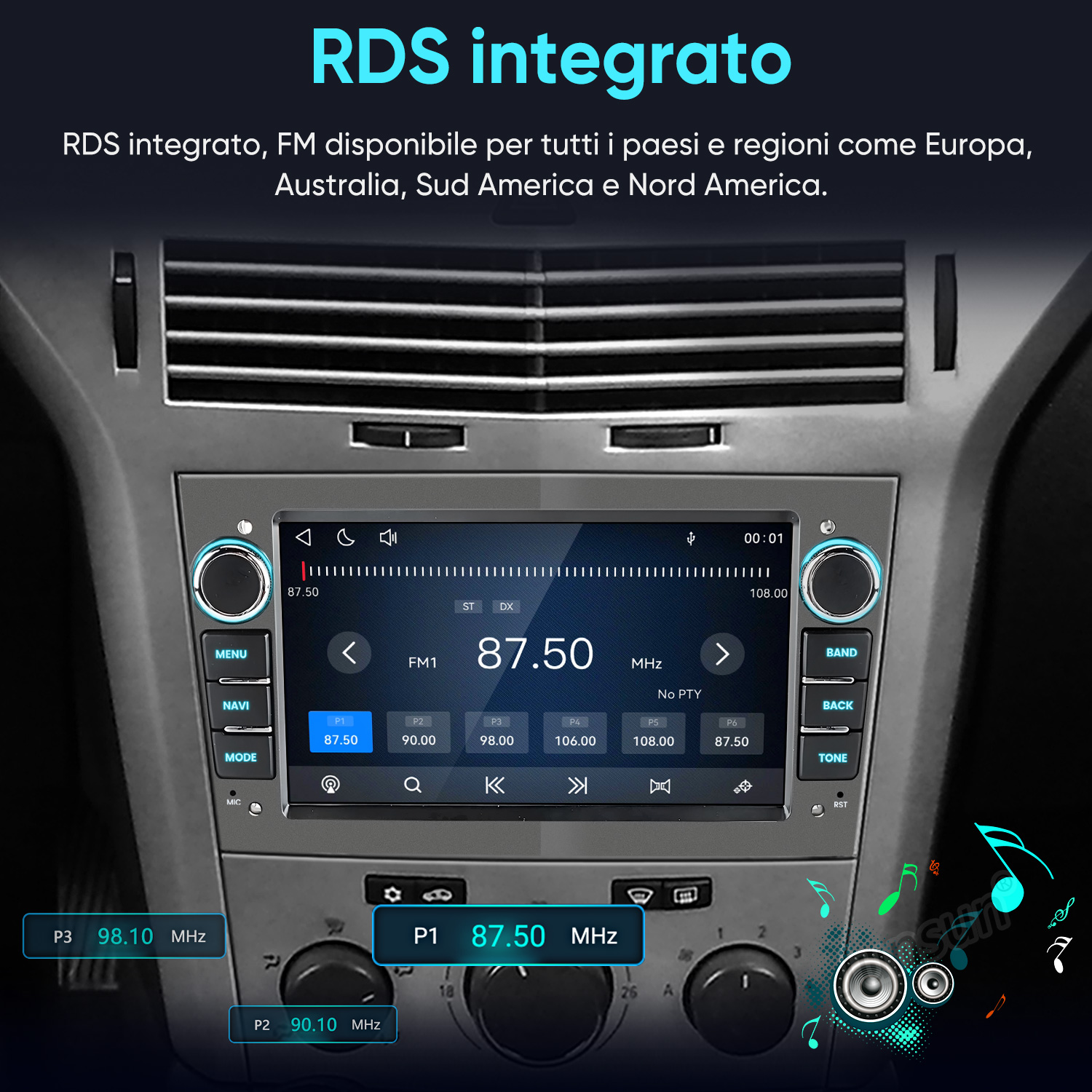 Un display per autoradio mostra stazioni FM, frequenze e preimpostazioni.