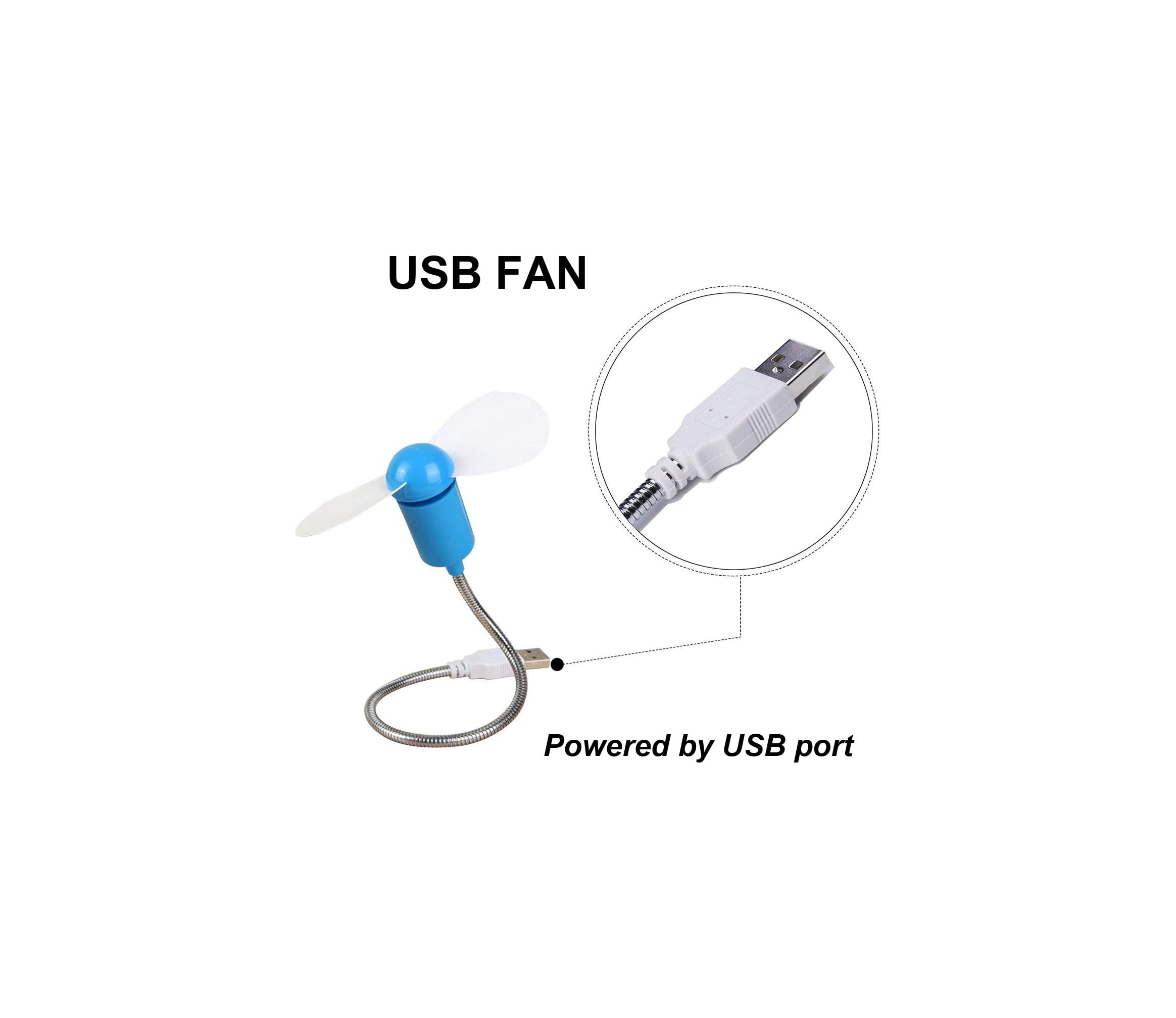 Blauer USB-Ventilator mit flexiblem Hals und weißem USB-Anschluss, angetrieben von einem USB-Port.