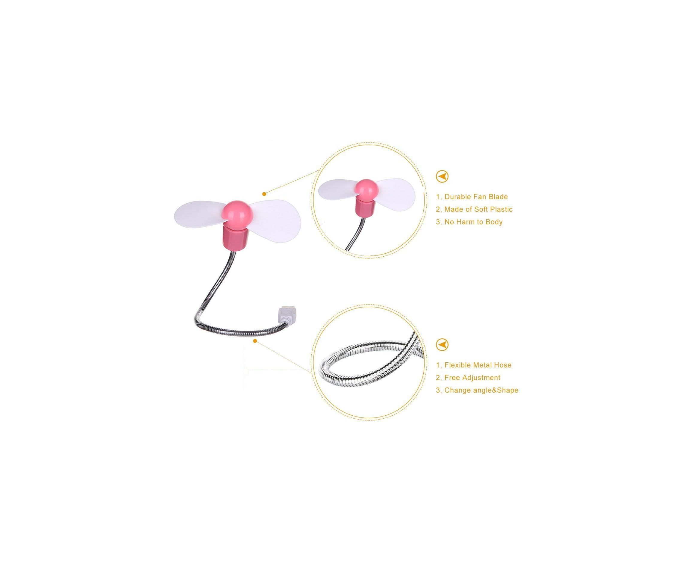 Mini-USB-Ventilator mit rosa Nabe, weißen Blättern und flexiblem Schlauch.