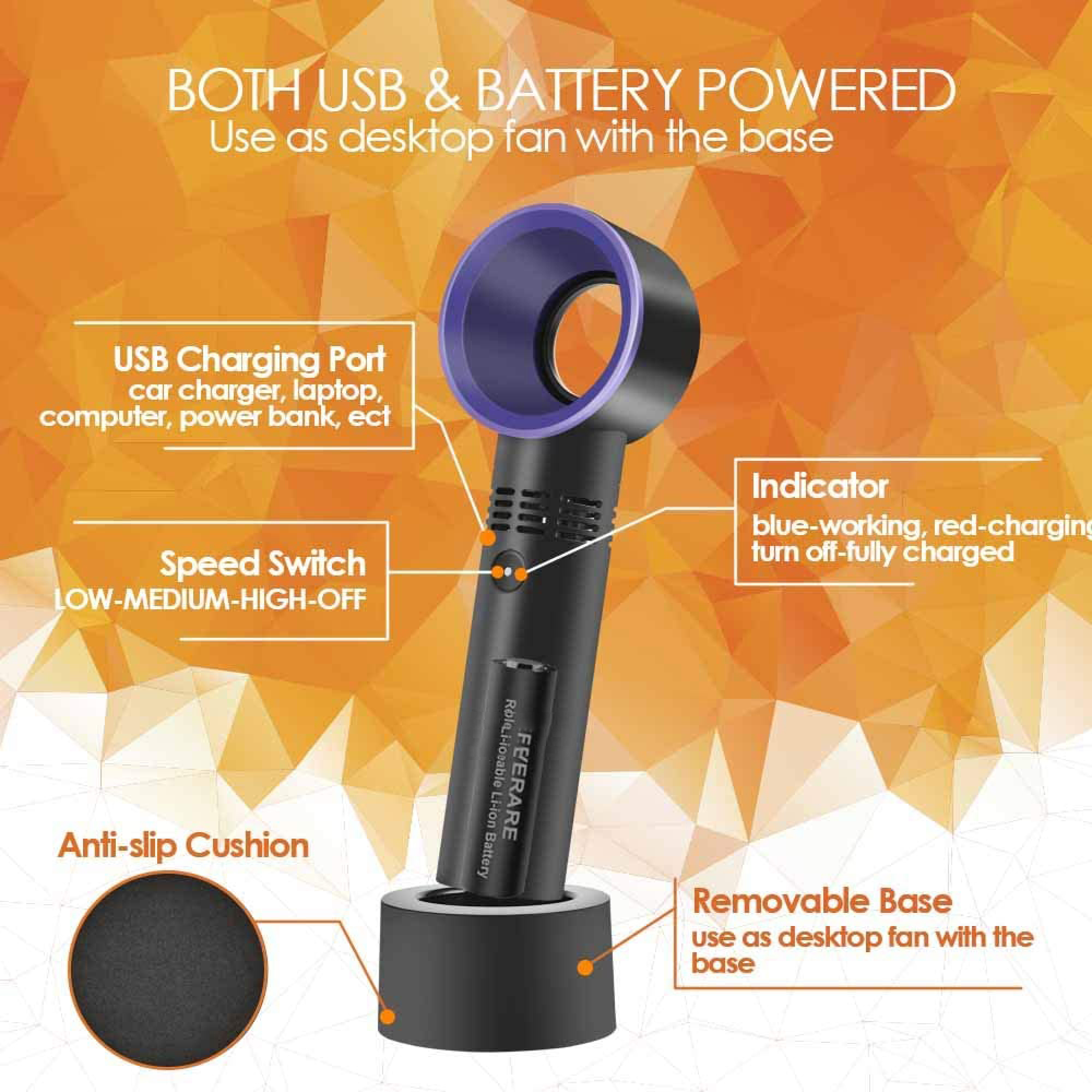 Ein tragbarer Ventilator mit USB- und Akkubetrieb, Ladeanschluss, Geschwindigkeitsregler und abnehmbarer Basis.