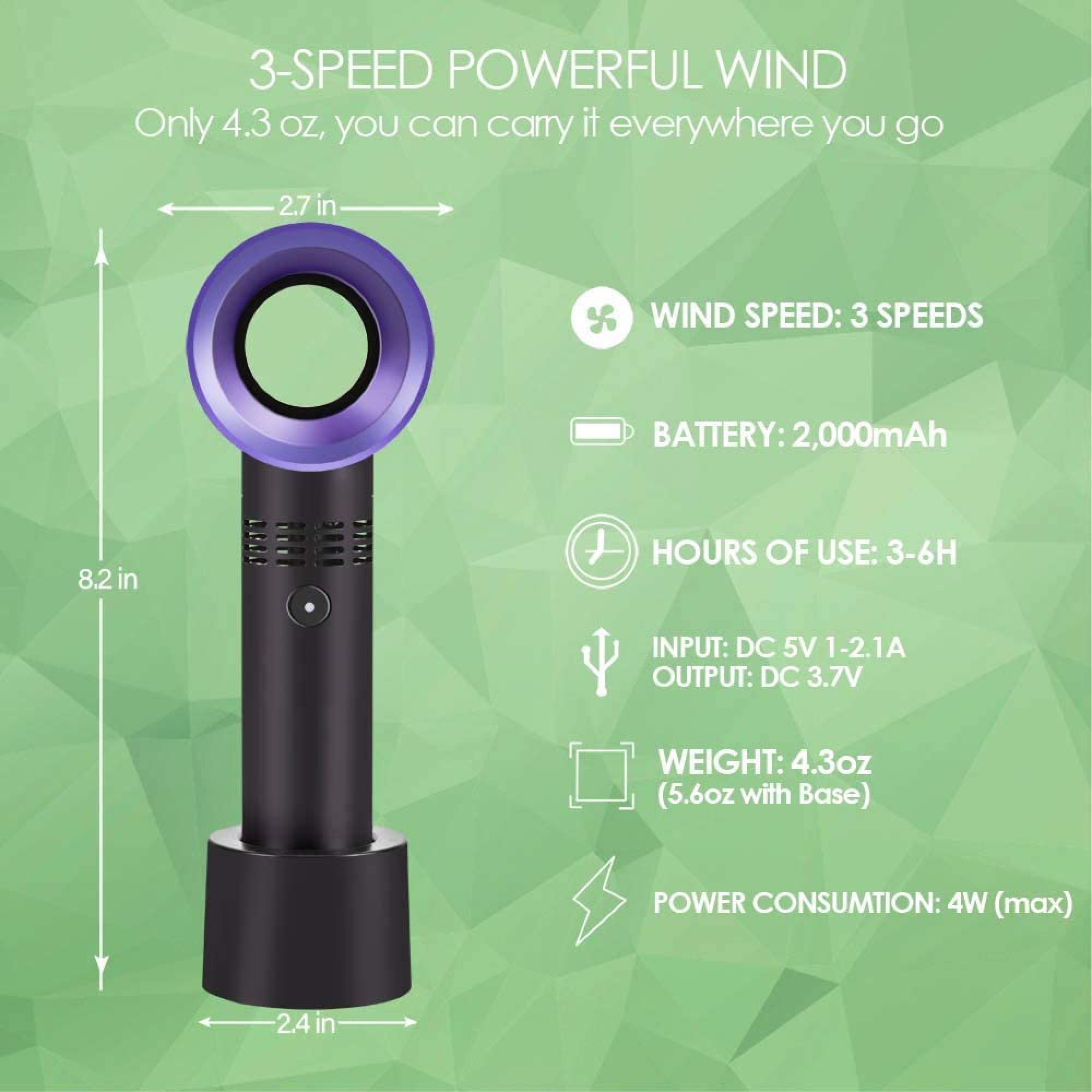 Lila-schwarzer tragbarer Ventilator mit Spezifikationen: 20,8 cm hoch, 6,9 cm breit, 122 g. 3 Geschwindigkeiten, 2000 mAh Akku, 3-6 Std. Laufzeit.