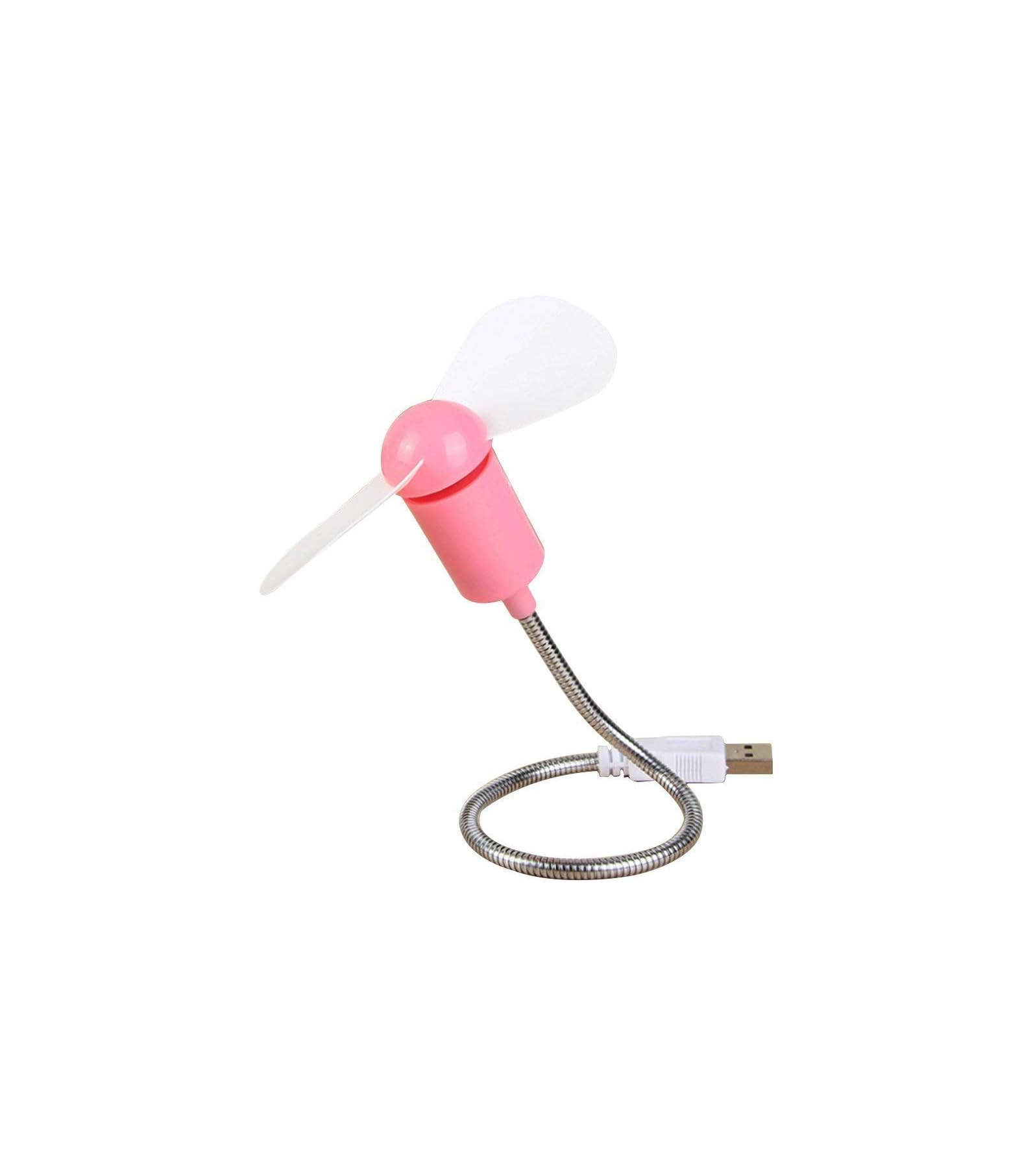 Ein kleiner rosa USB-Ventilator mit weißen Flügeln und einem flexiblen Metallarm.