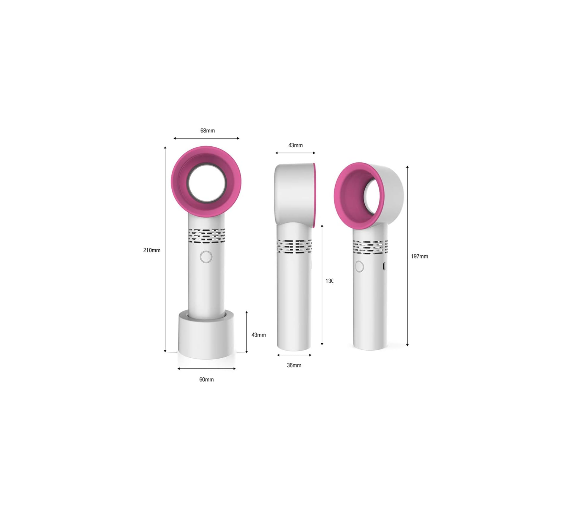 Ein weißer, kabelloser Ventilator mit pinker Lüfteröffnung und Maßen.