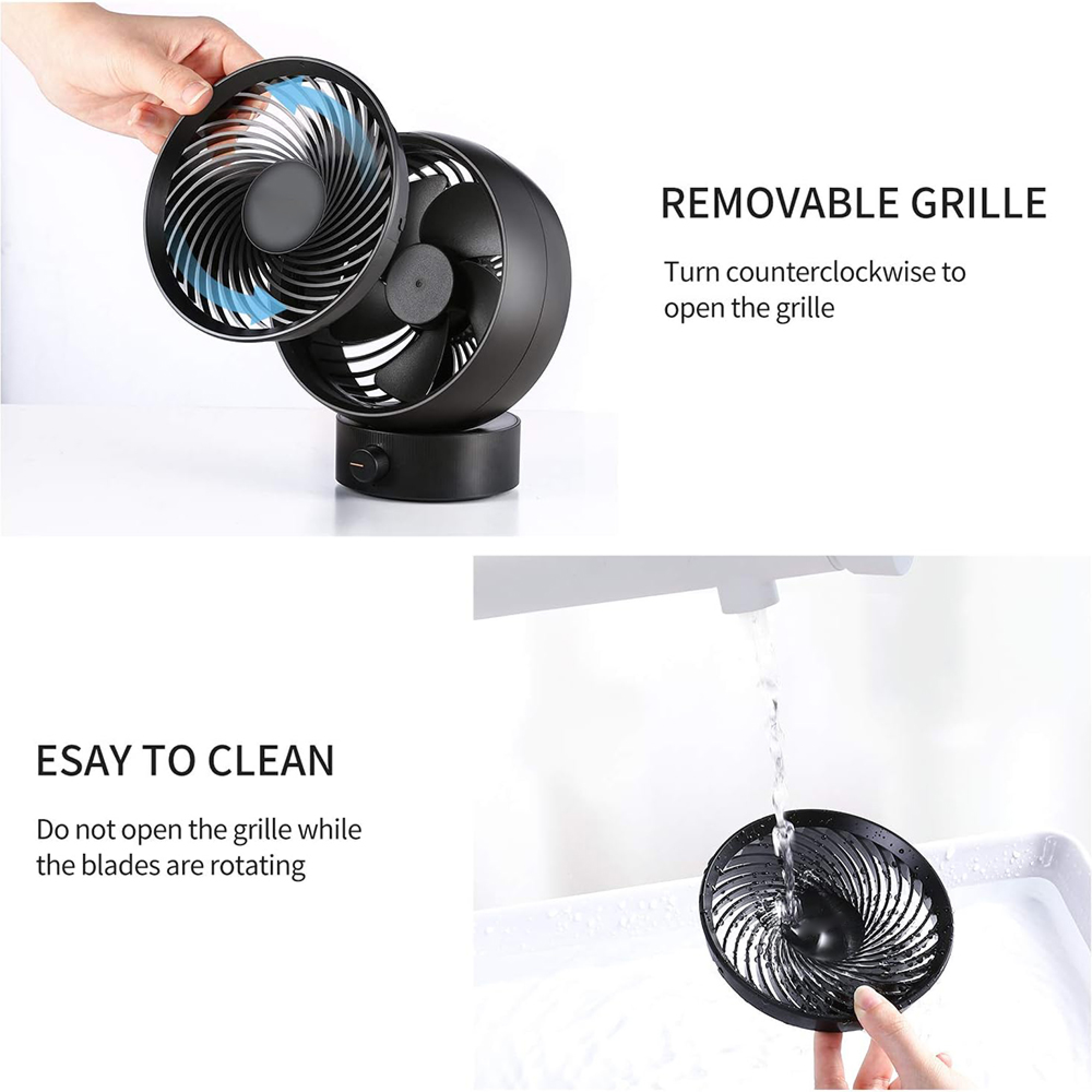 Ein schwarzer Ventilator mit abnehmbarem Gitter wird gezeigt.