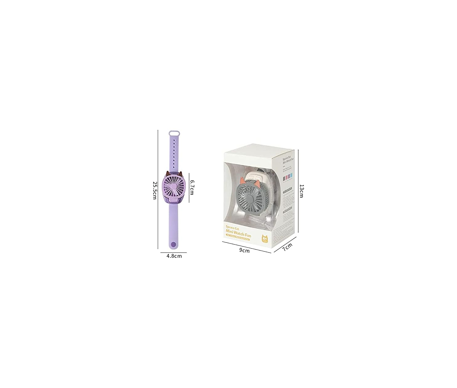Ein lila Armbanduhr-Mini-Ventilator und seine Verpackung.