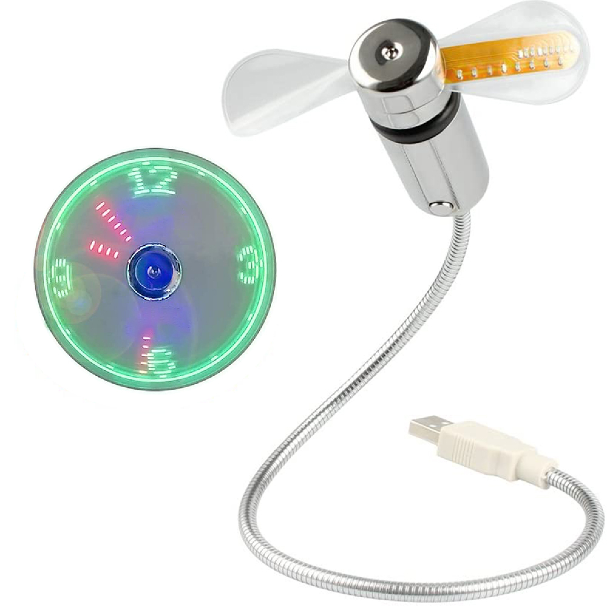 Ein flexibler USB-Ventilator mit LED-Licht, der Zeit anzeigt.