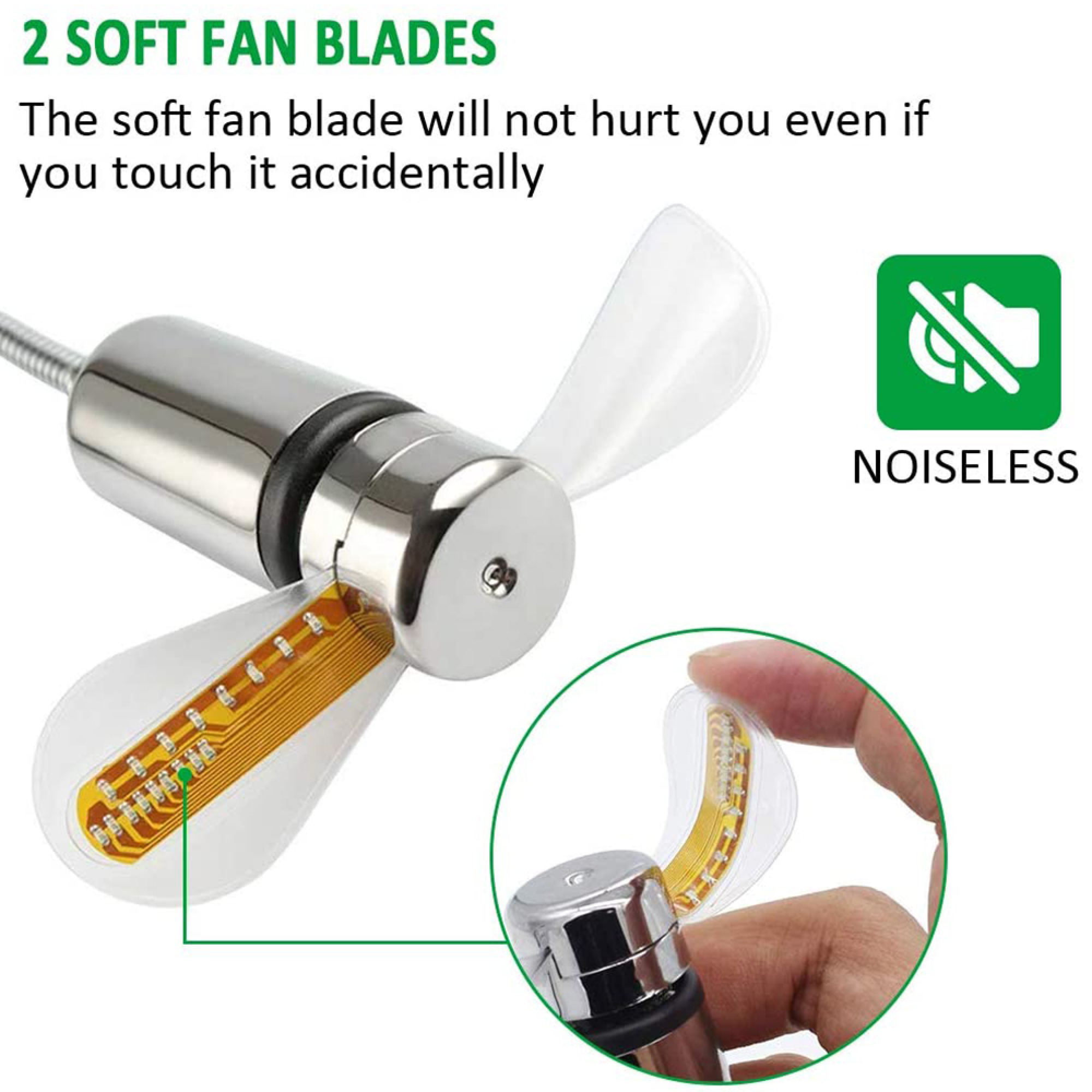 Ein leiser USB-Ventilator mit zwei weichen, transparenten Rotorblättern.