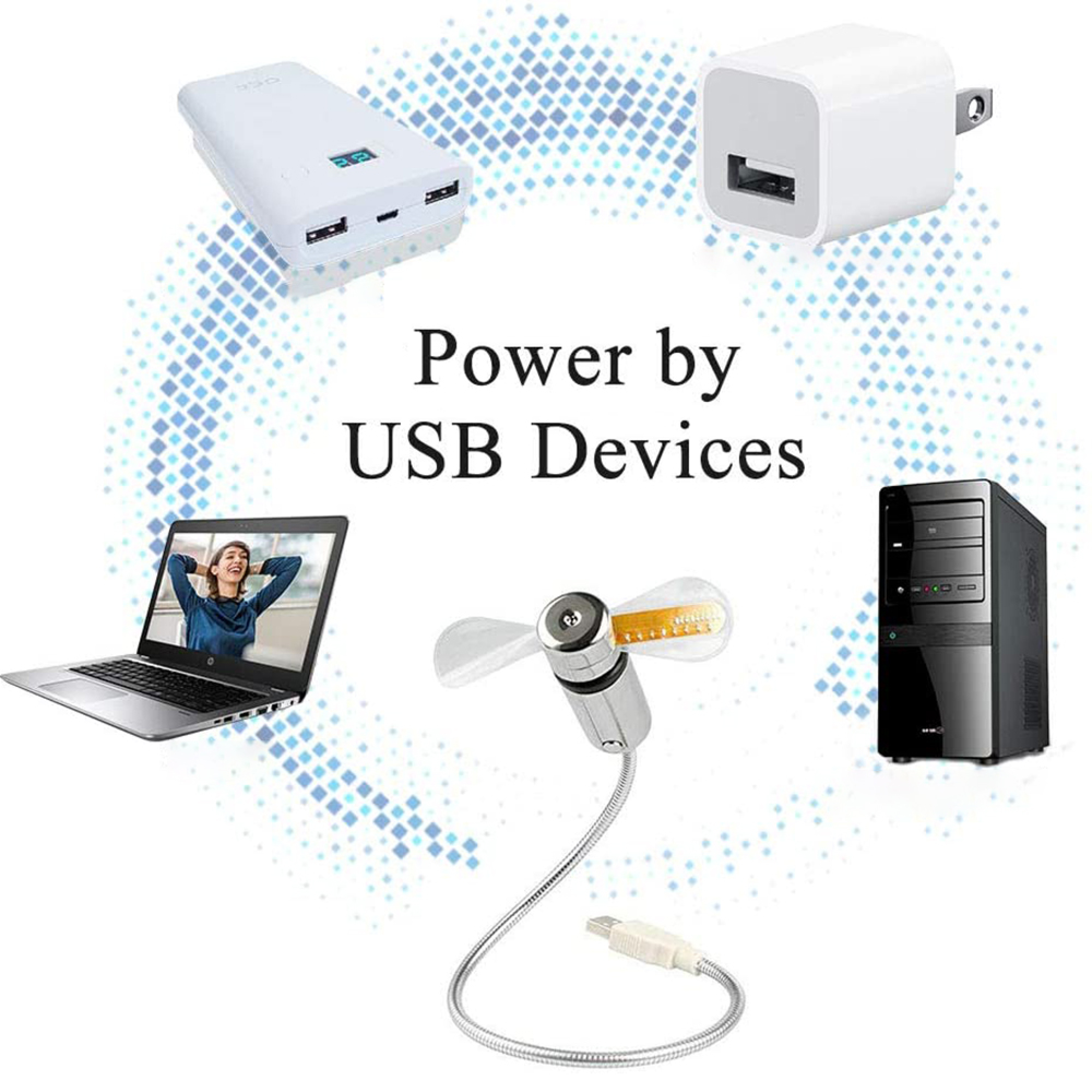 Ein Laptop, ein Netzteil, ein Powerbank, ein USB-Lüfter und ein PC-Tower.