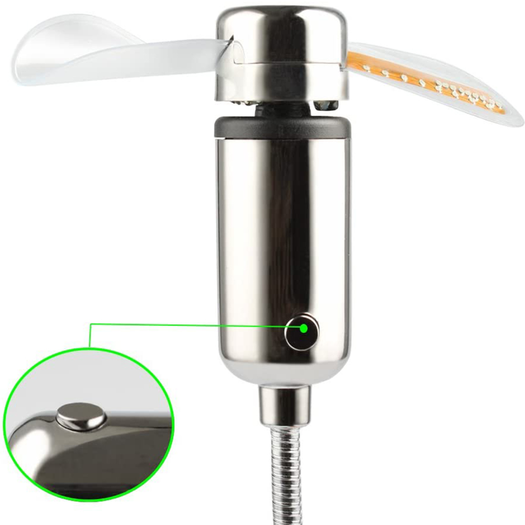 Ein silberner USB-Ventilator mit durchsichtigen Flügeln und einem flexiblen Hals.