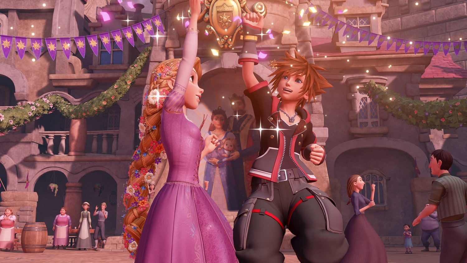 Rapunzel und Sora feiern mit Konfetti auf einer Burg, mit Fahnen und Blumen geschmückt.