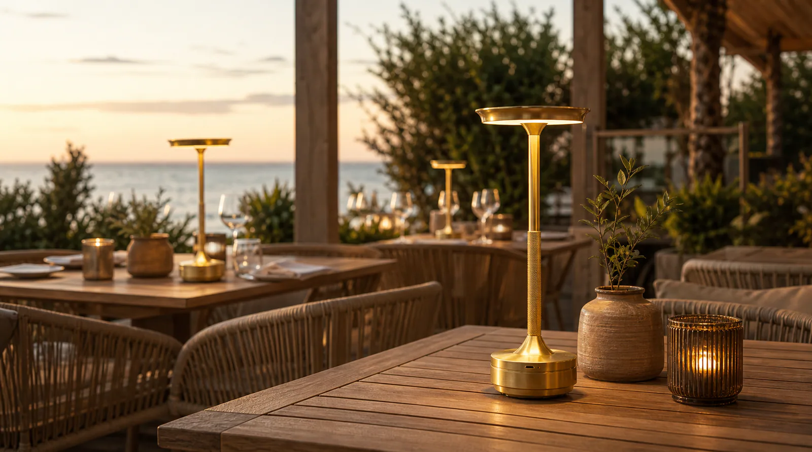 Tisch im Freien mit Lampen, Kerzen, Gläsern und Meerblick bei Sonnenuntergang.