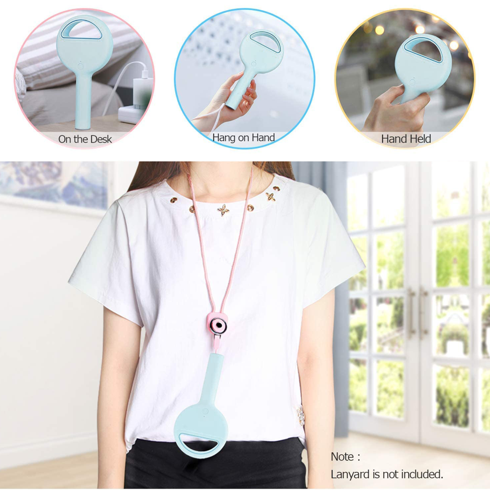 Ein hellblaues Handventilator-Modell auf einem Schreibtisch, in der Hand und an einer Lanyard-Halterung.