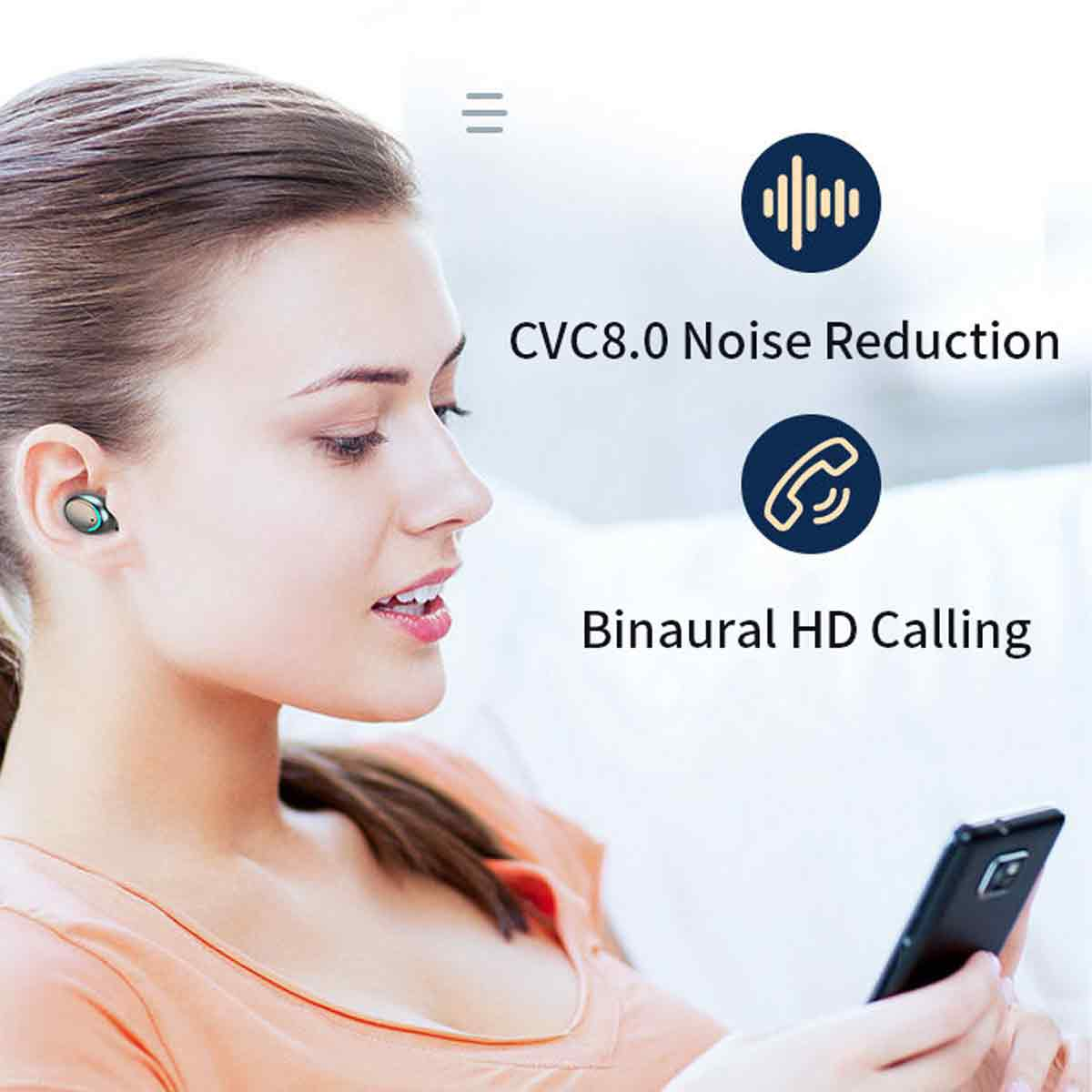Frau mit Ohrhörer und Handy, CVC8.0 Rauschunterdrückung, Binaural HD Anrufe.