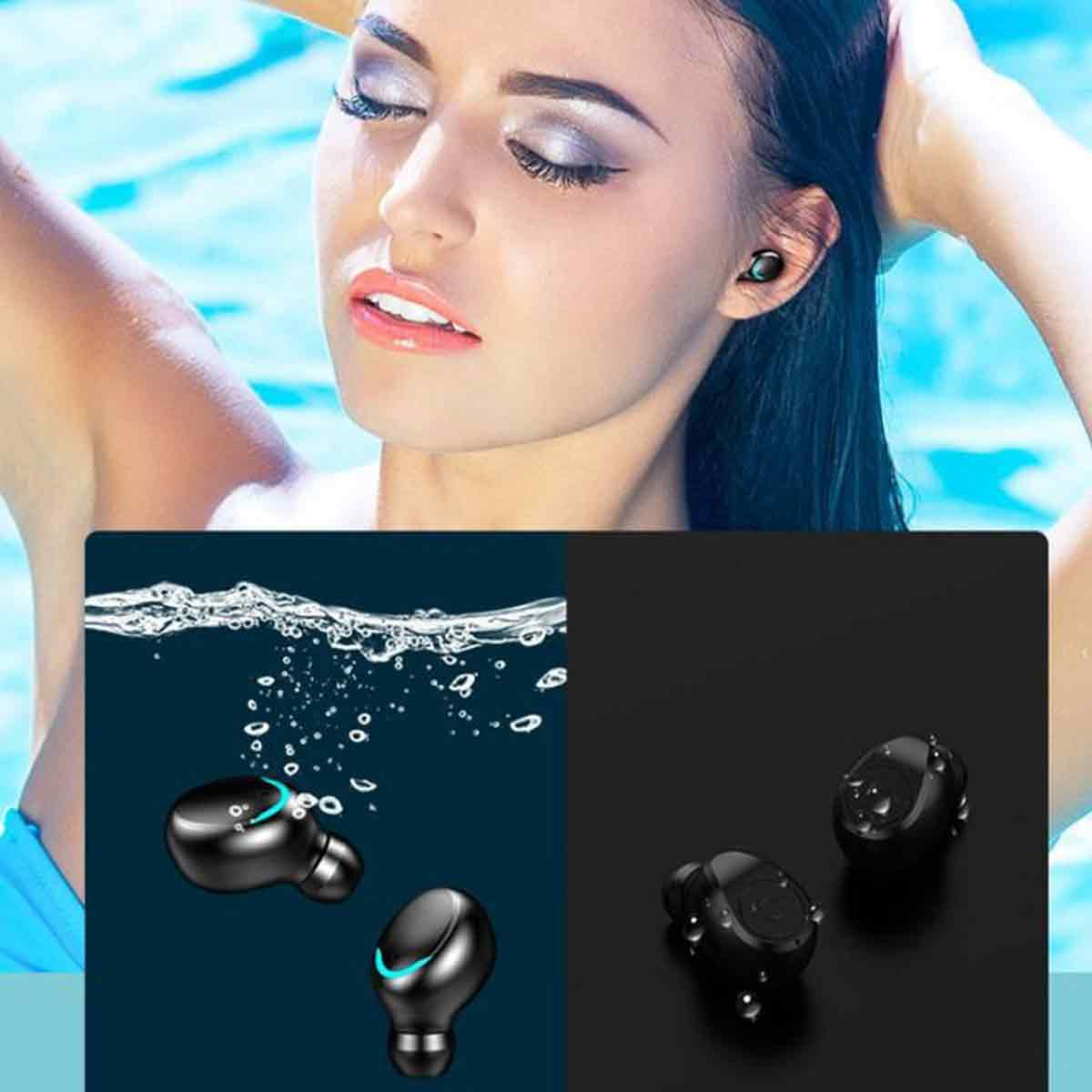 Frau im Wasser mit Ohrhörern, unter Wasser und auf schwarzem Hintergrund.