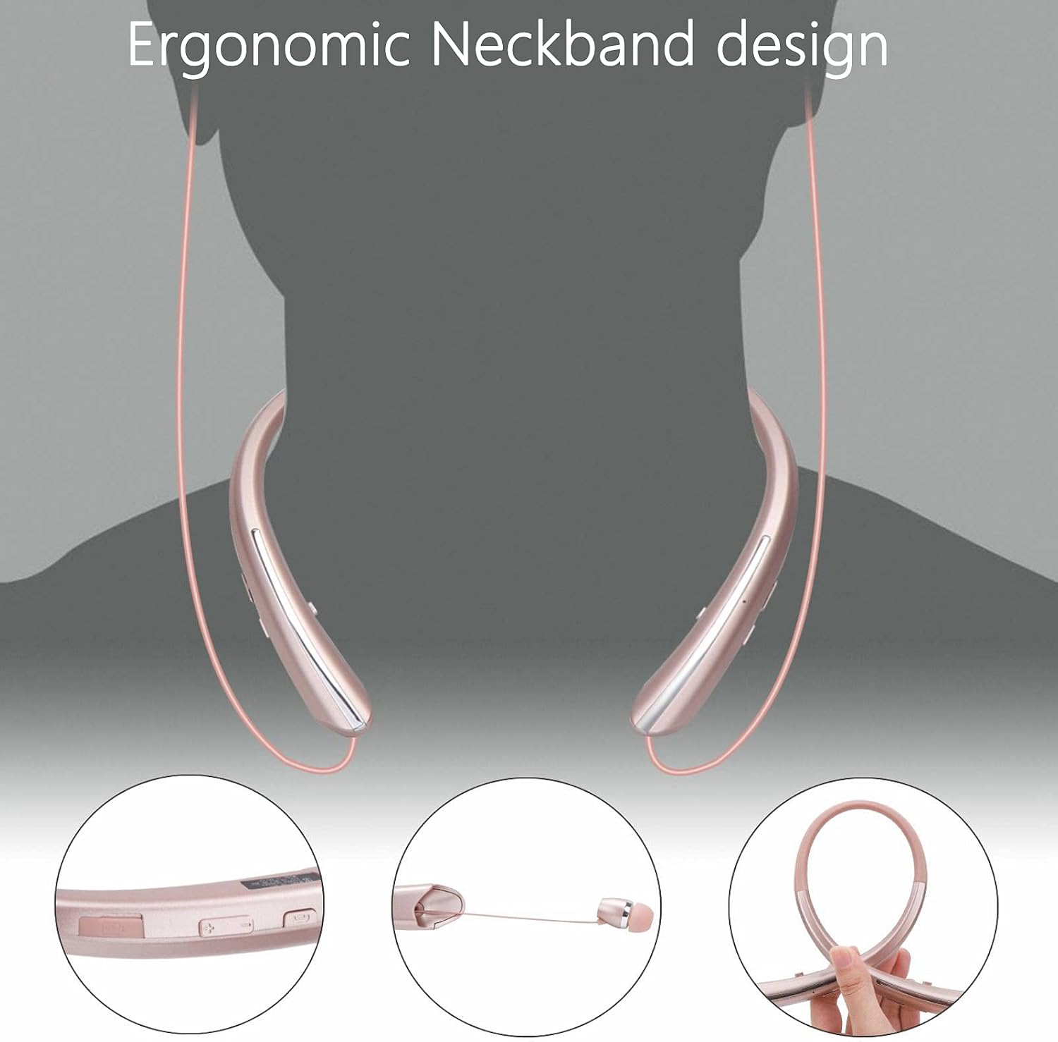 Ein roségoldenes Nackenband-Headset auf einem stilisierten Körper, mit Nahaufnahmen.