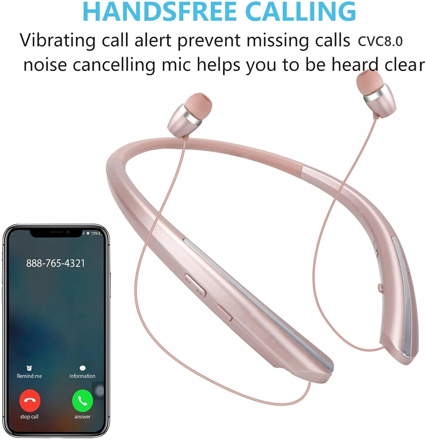 Ein roségoldenes Nackenband-Headset mit Kopfhörern und einem Telefonanrufbildschirm.