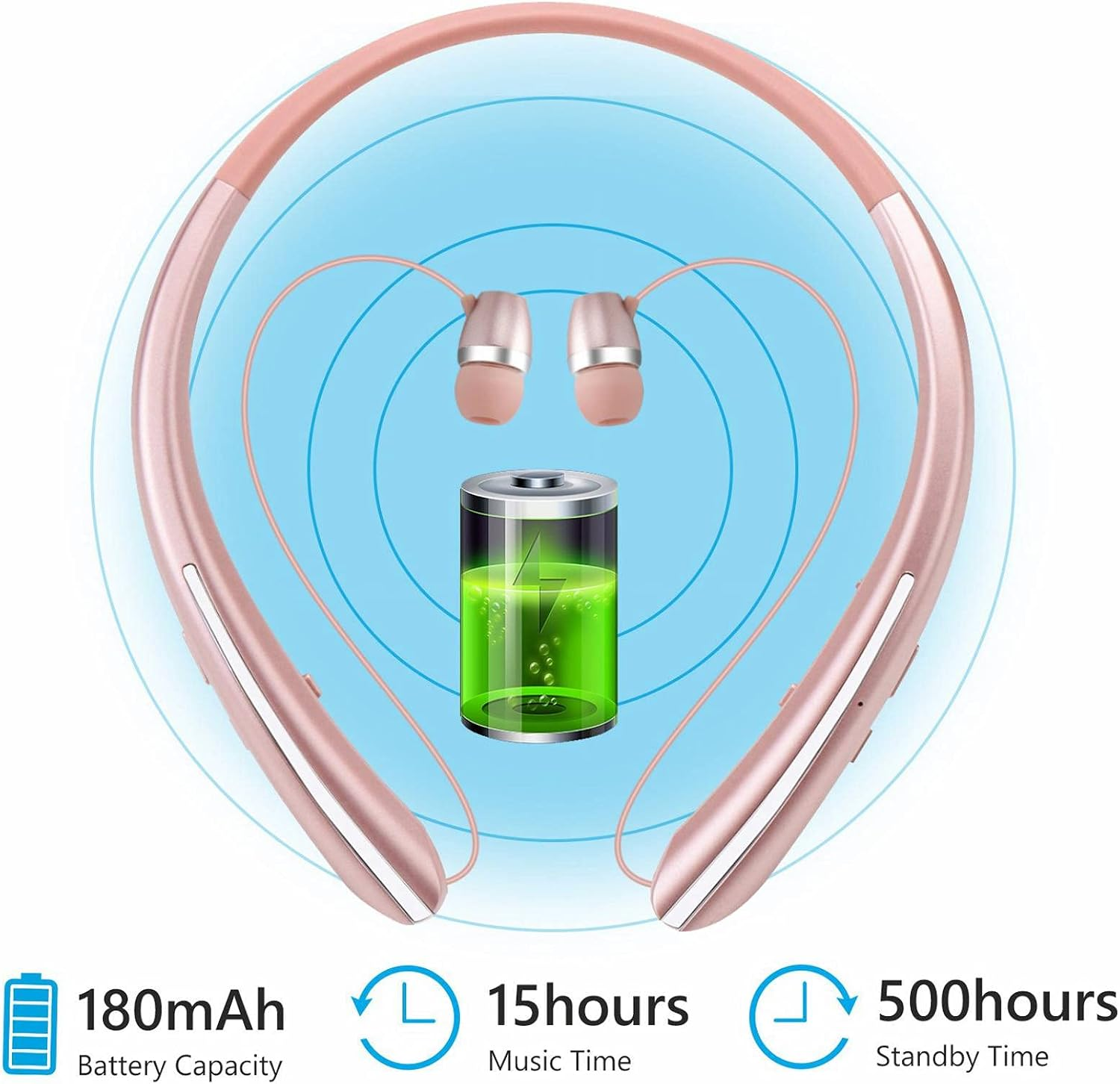Roségold-Nackenband-Kopfhörer mit Ohrstöpseln, Akku-Symbol, 180mAh, 15h Musik, 500h Standby.