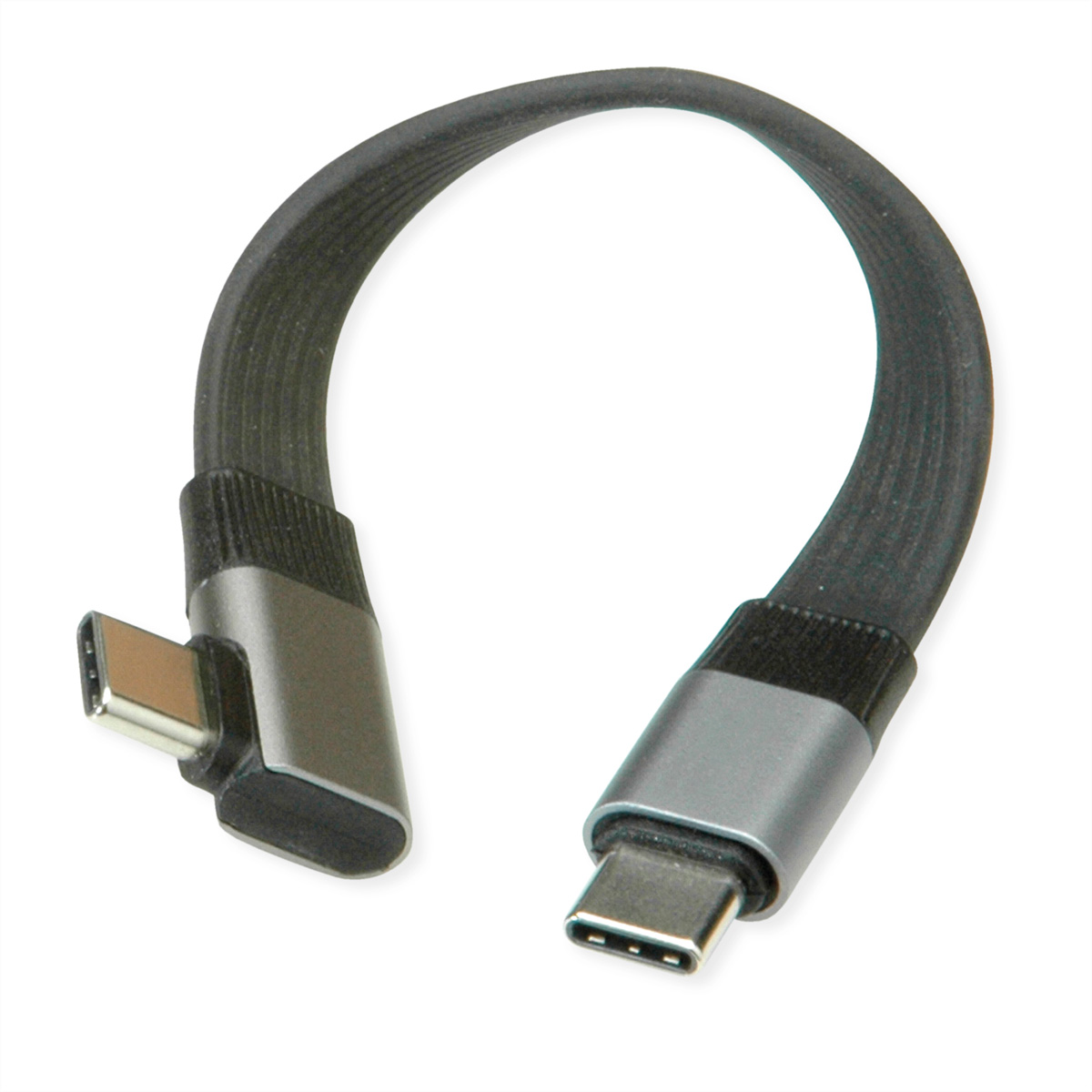 Ein gebogenes USB-C-Kabel mit zwei Anschlüssen, eines abgewinkelt.