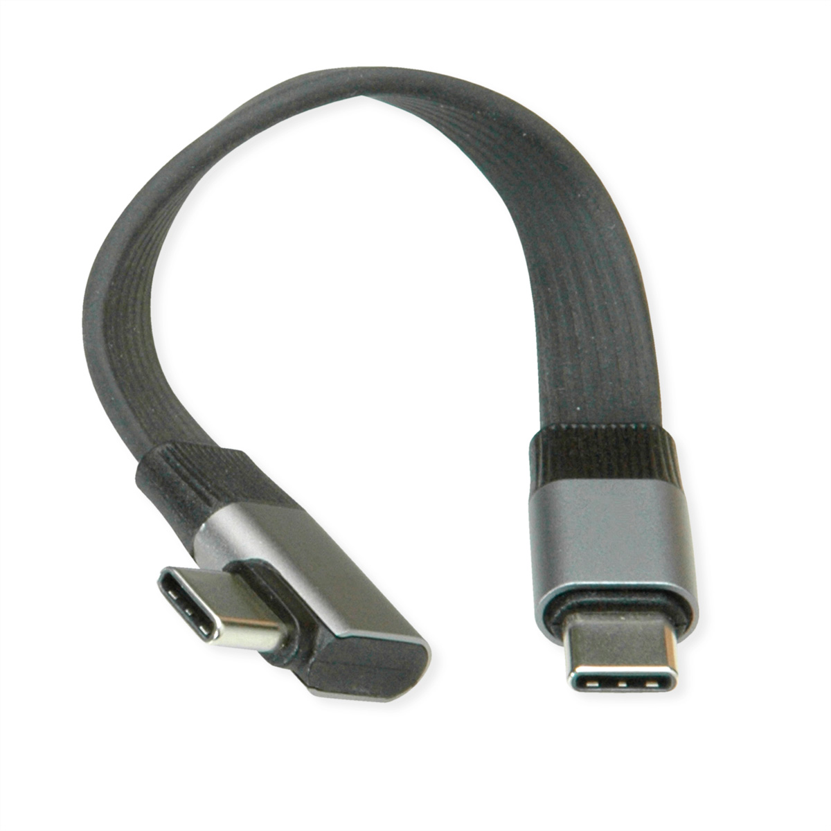 Ein schwarzes USB-C-Kabel mit zwei Anschlüssen, eines abgewinkelt.