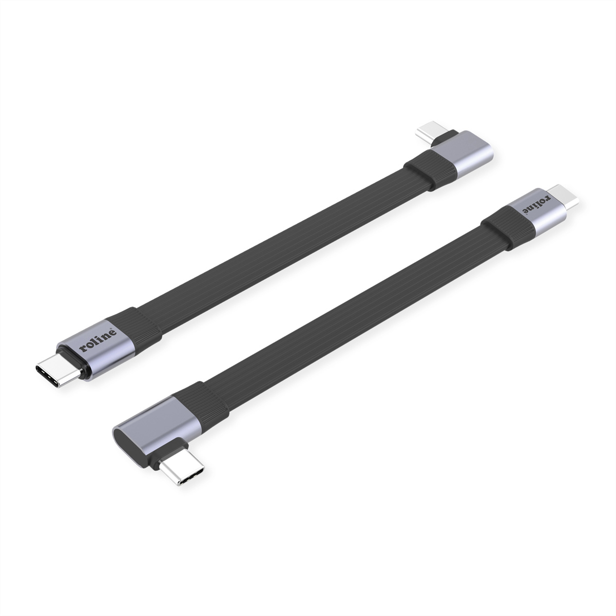 Zwei schwarze USB-C-Kabel mit silbernen Anschlüssen liegen nebeneinander.