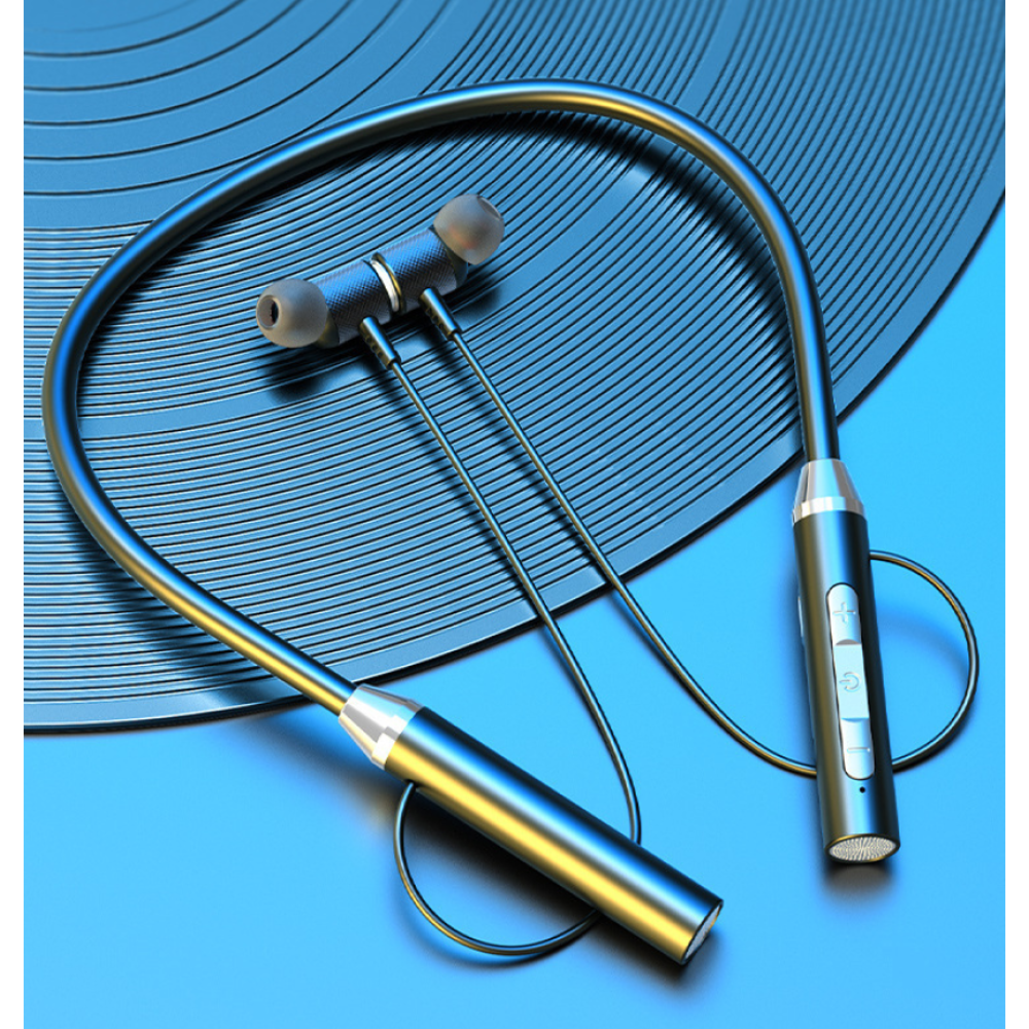 Ein schwarzes Nacken-Headset mit Ohrstöpseln liegt auf einer blauen, geriffelten Oberfläche.