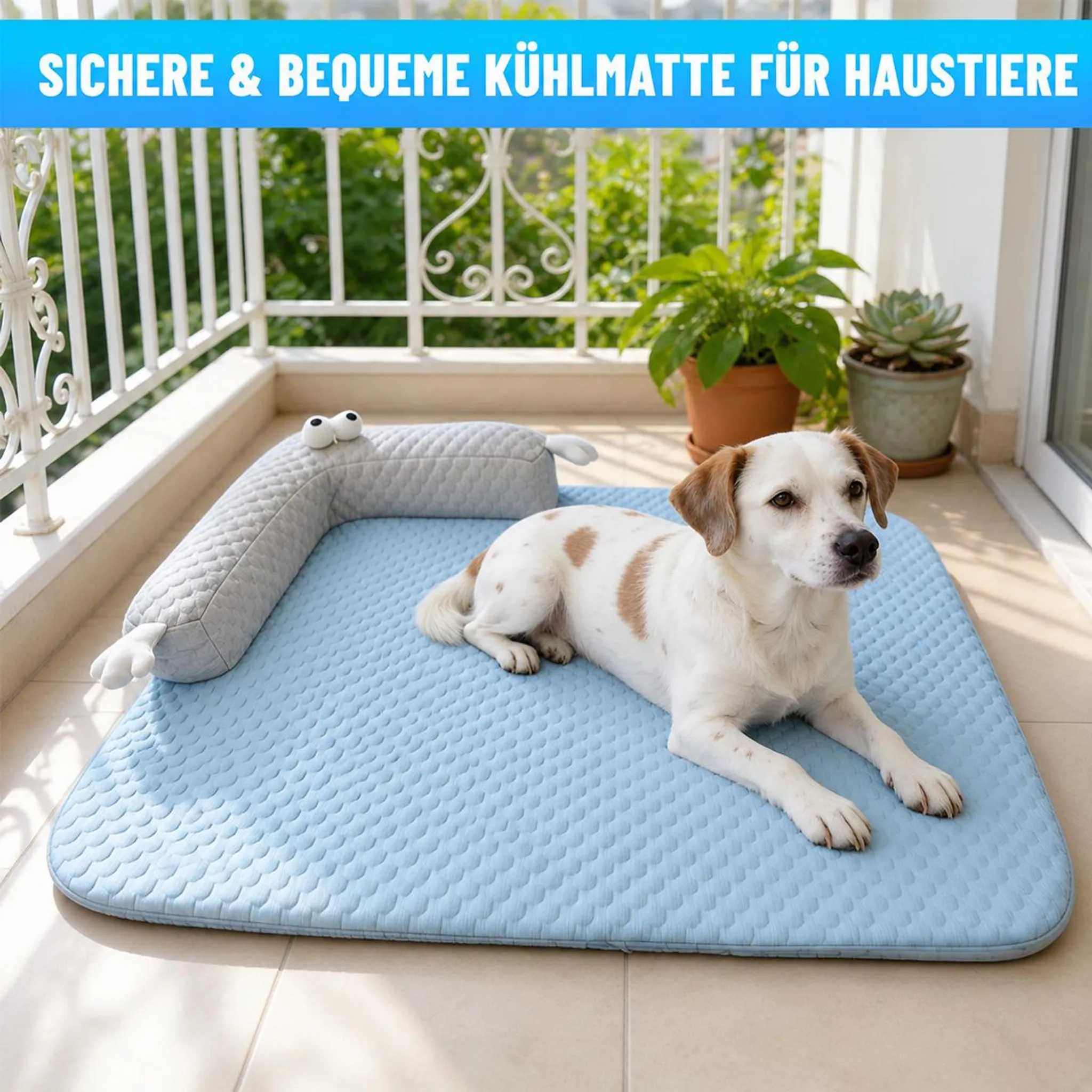Ein Hund liegt auf einer hellblauen Kühlmatte auf einem Balkon neben einem Kissen.
