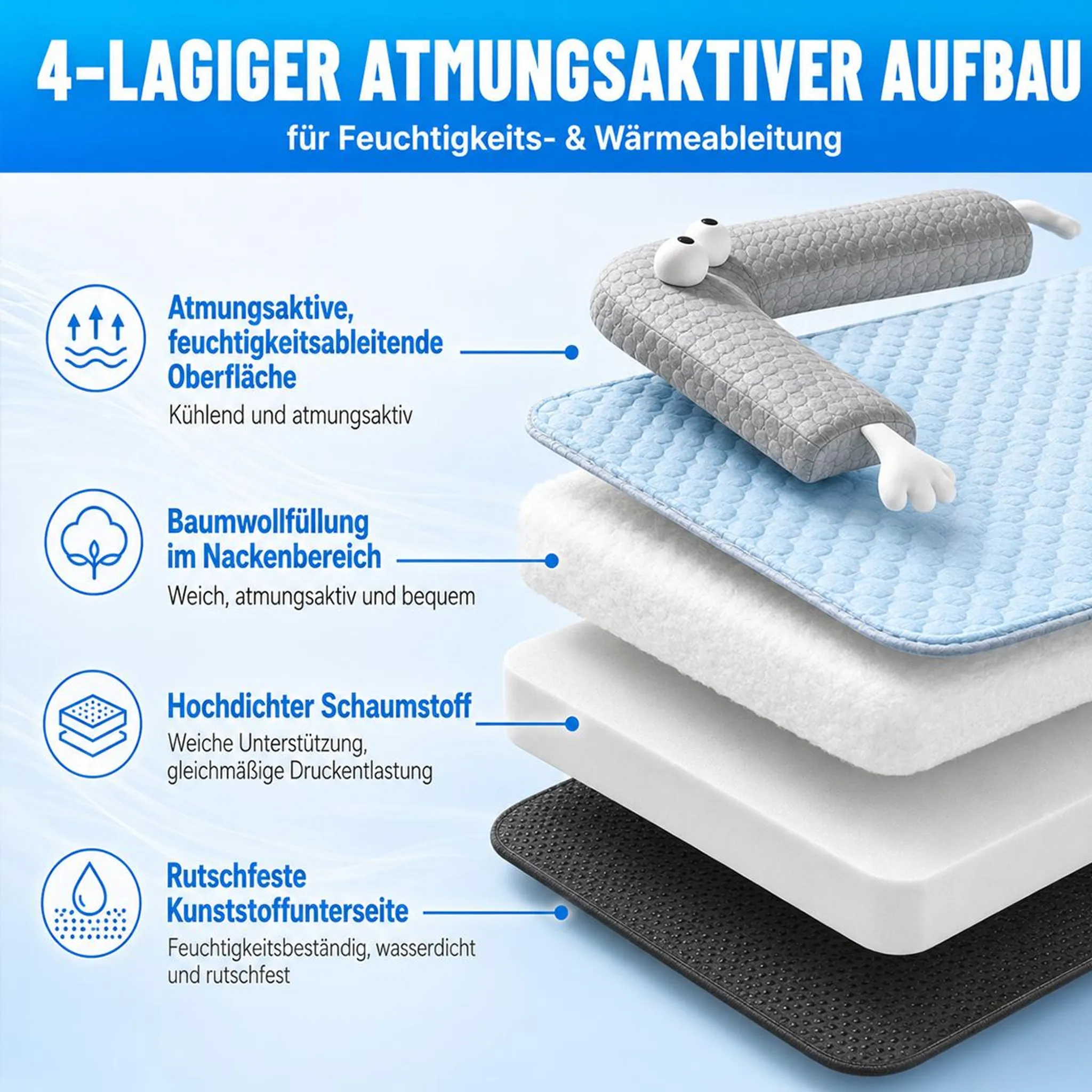4-lagiger Aufbau mit atmungsaktiver Oberfläche, Baumwollfüllung, Schaumstoff und rutschfester Unterseite.
