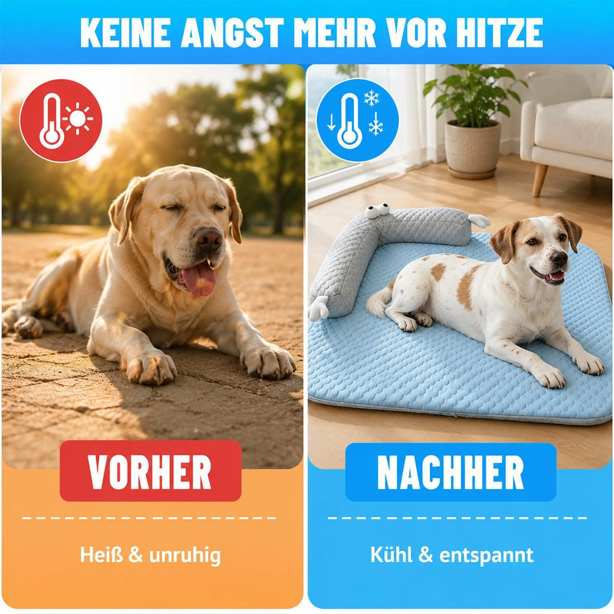 Vorher: Hund heiss und unruhig, Nachher: Hund kuehl und entspannt auf Matte.