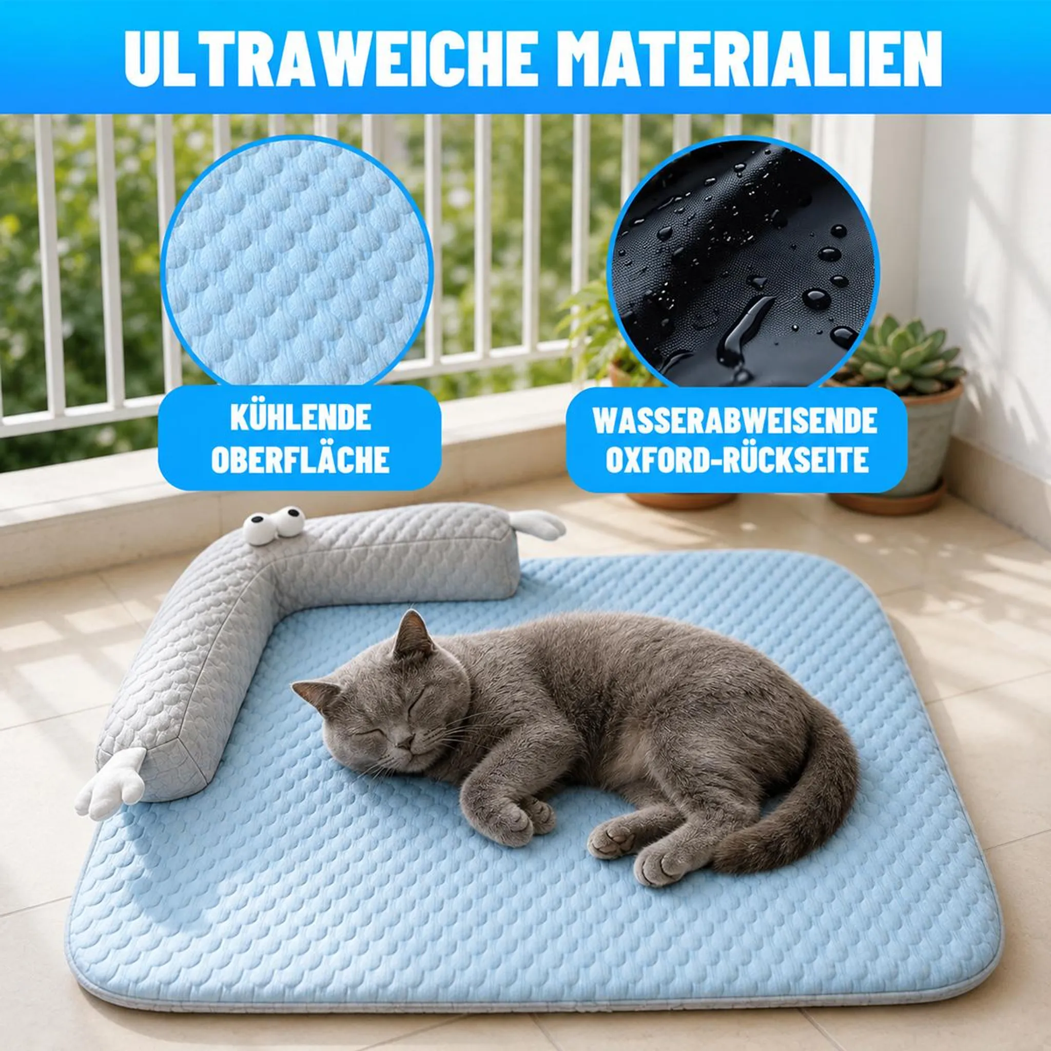 Eine Katze schläft auf einer blauen Matte mit einem Kissen.