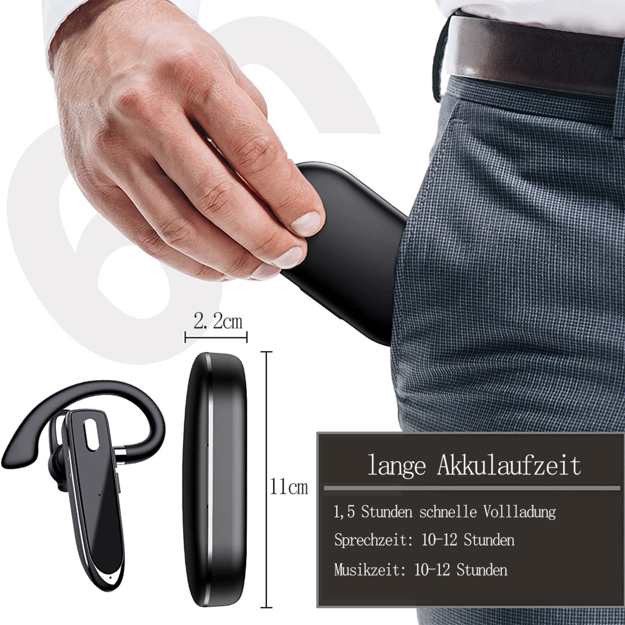 Schwarzer Bluetooth-Kopfhörer und Ladeetui werden in eine Hosentasche gesteckt.