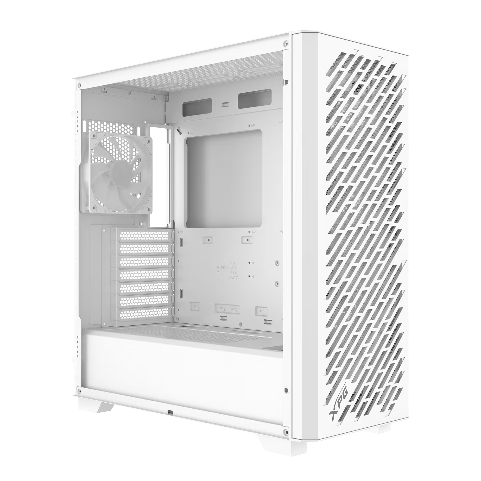 Ein weißes Computergehäuse mit Lüfter, Lüftungsschlitzen und XPG-Logo.