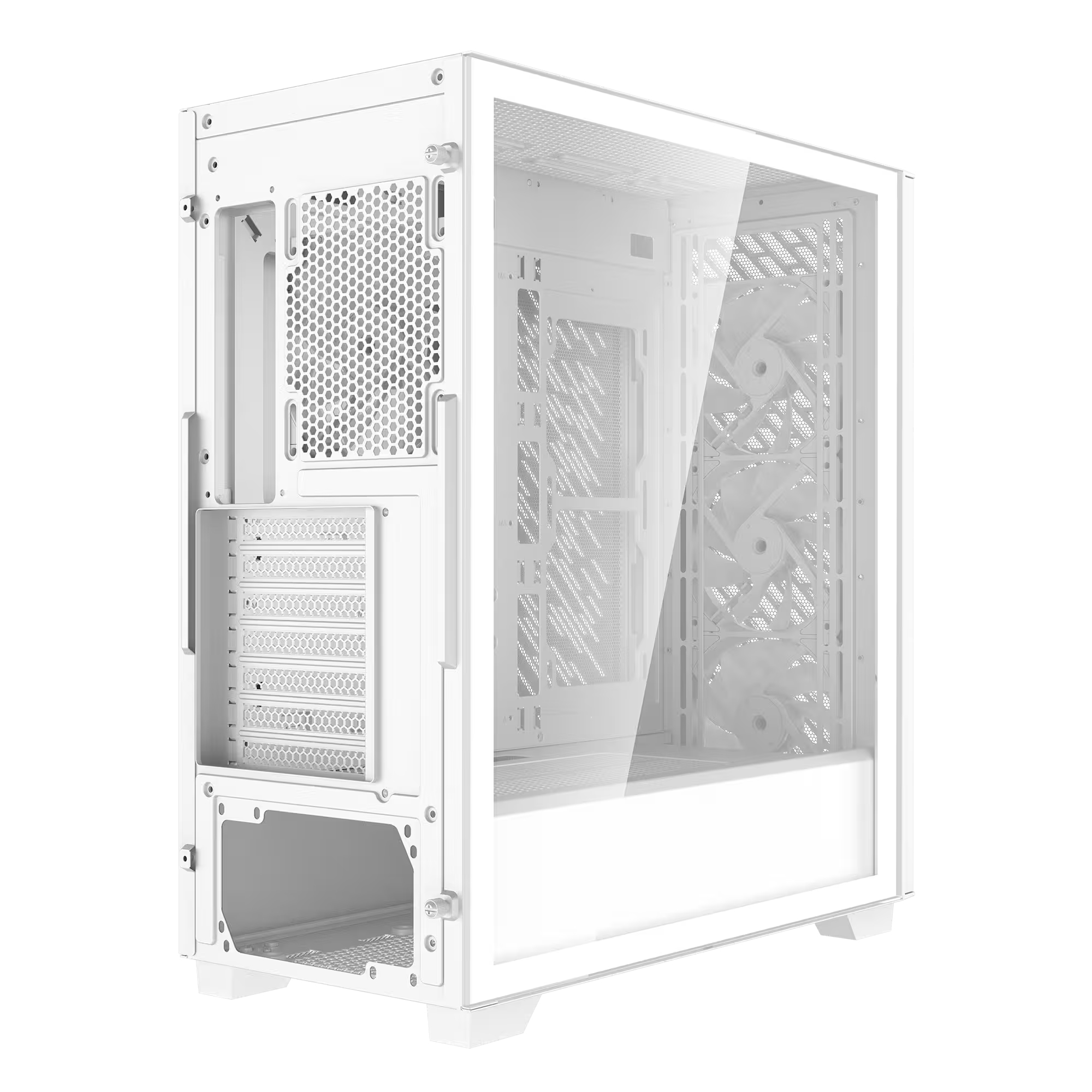 Ein weißes Computergehäuse mit Glasfront und Lüftern.