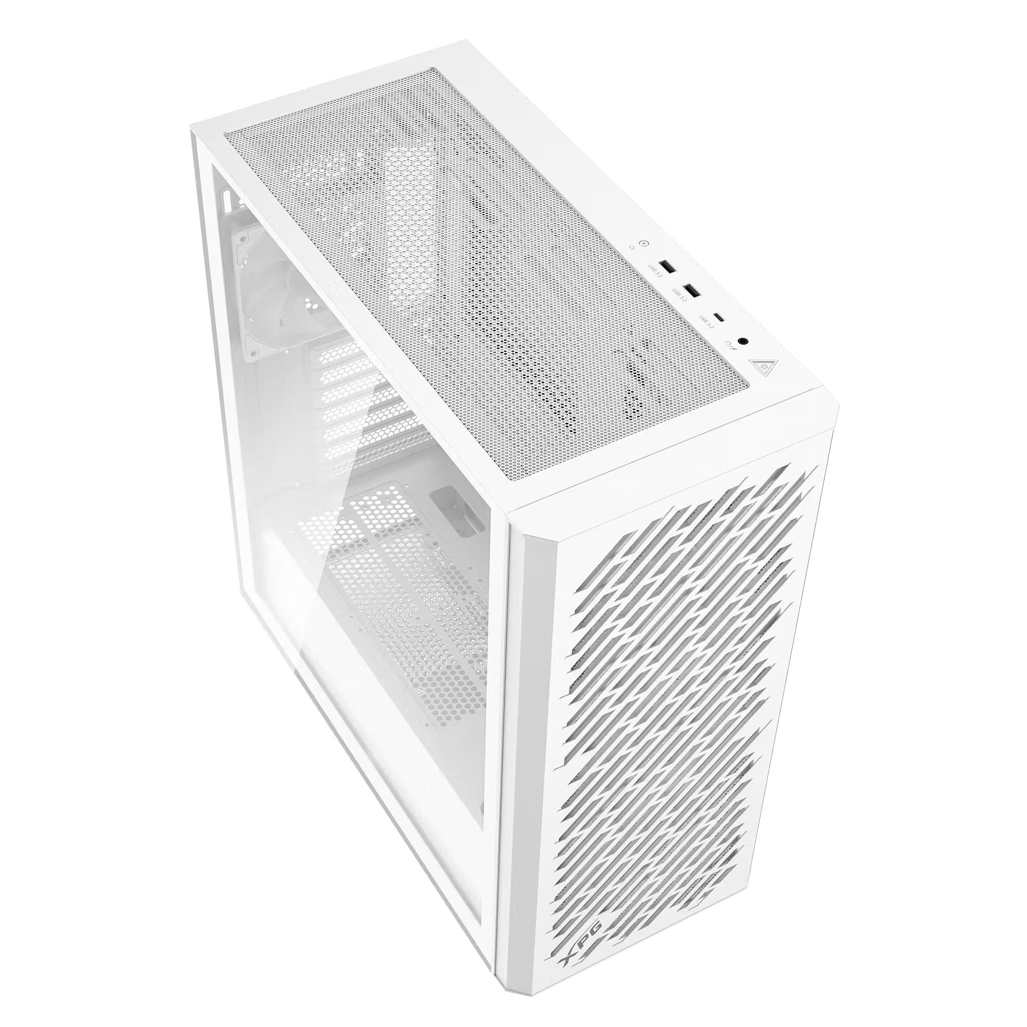 Ein weißes Computergehäuse mit Glasfront und Lüftungsschlitzen.